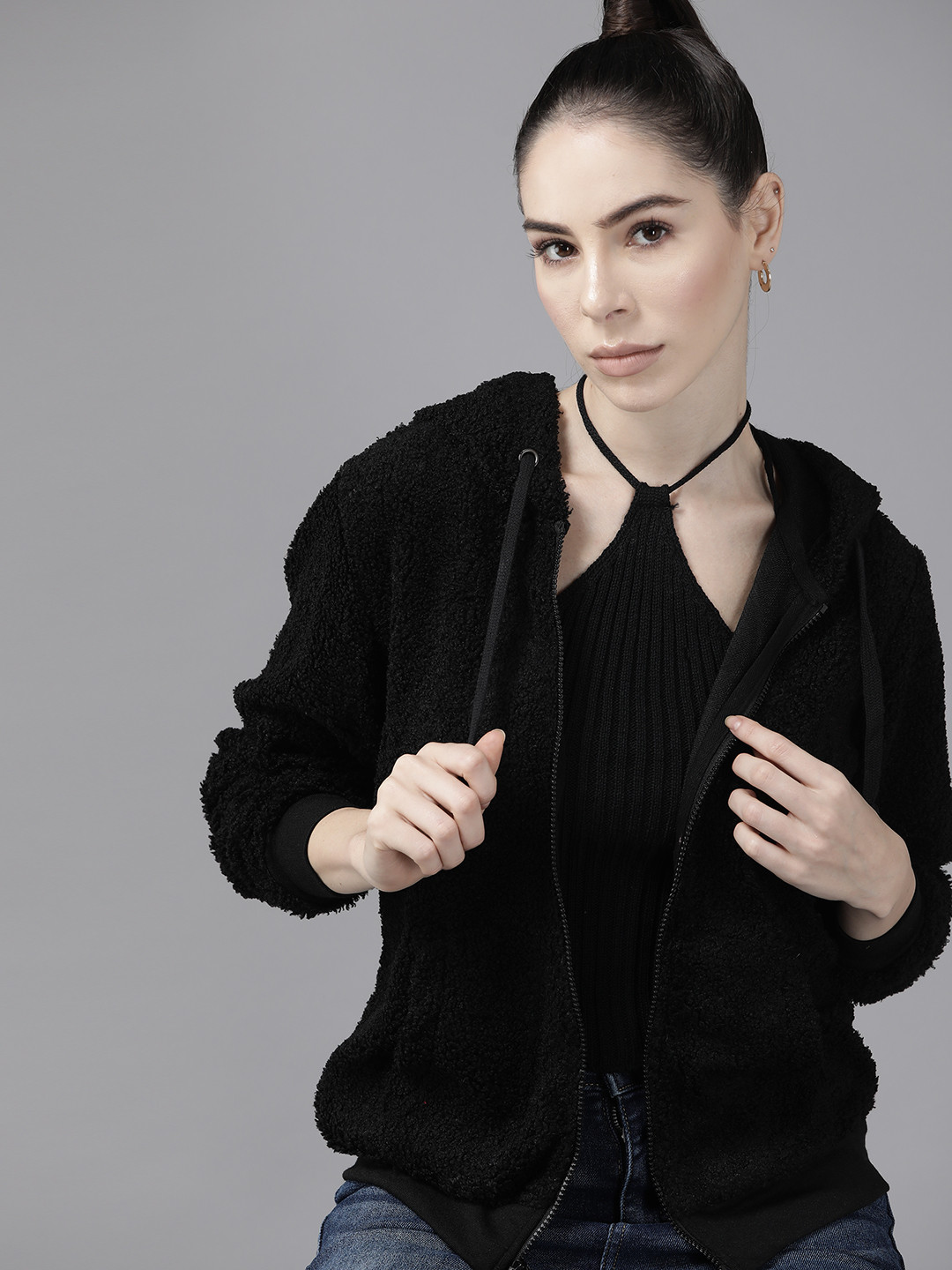 

Roadster Women Black Hooded Sherpa Sweatshirt