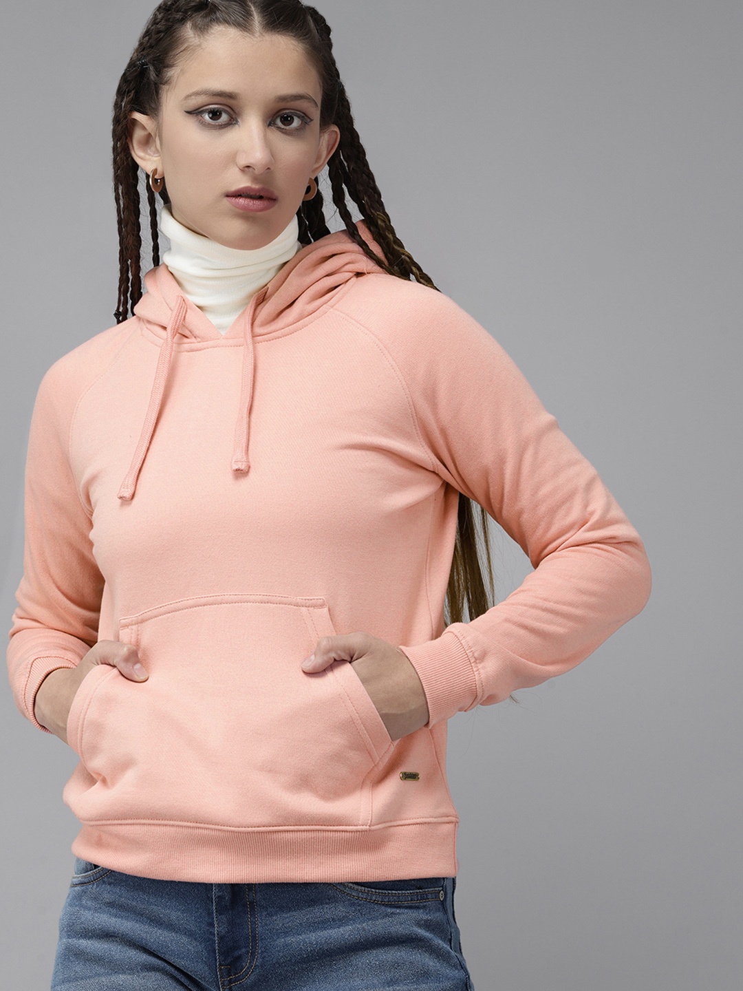 

UTH by Roadster Girls Peach-Coloured Solid Hooded Sweatshirt