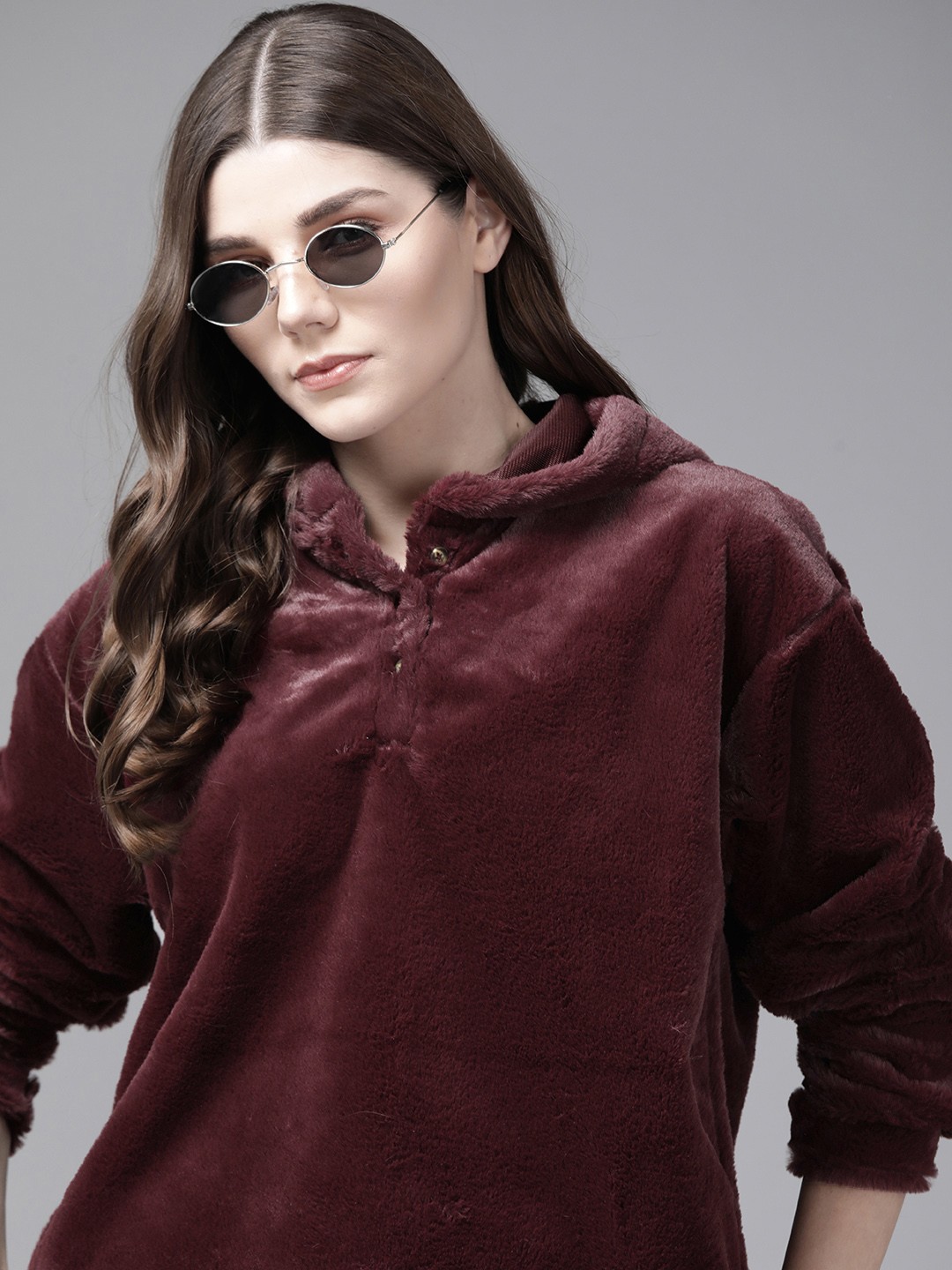 

Roadster Women Burgundy Solid Faux Fur Detailed Sweatshirt