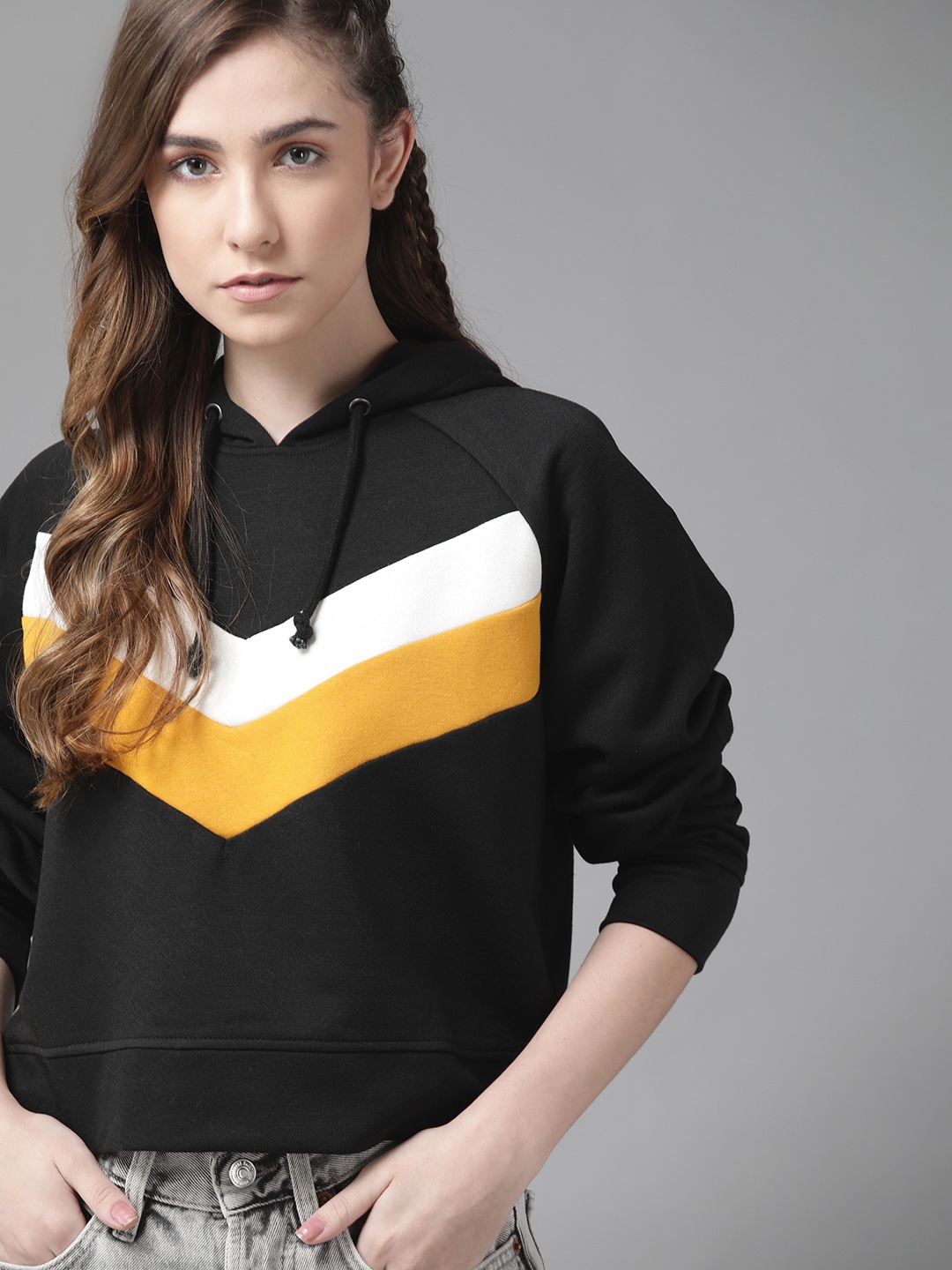 

Roadster Women Black & Mustard Yellow Colourblocked Hooded Crop Sweatshirt