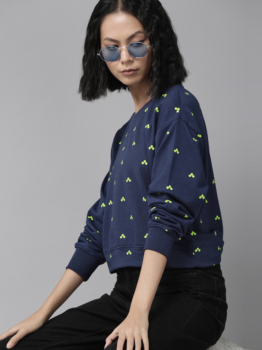 

Roadster Women Navy Blue Geometric Print Sweatshirt