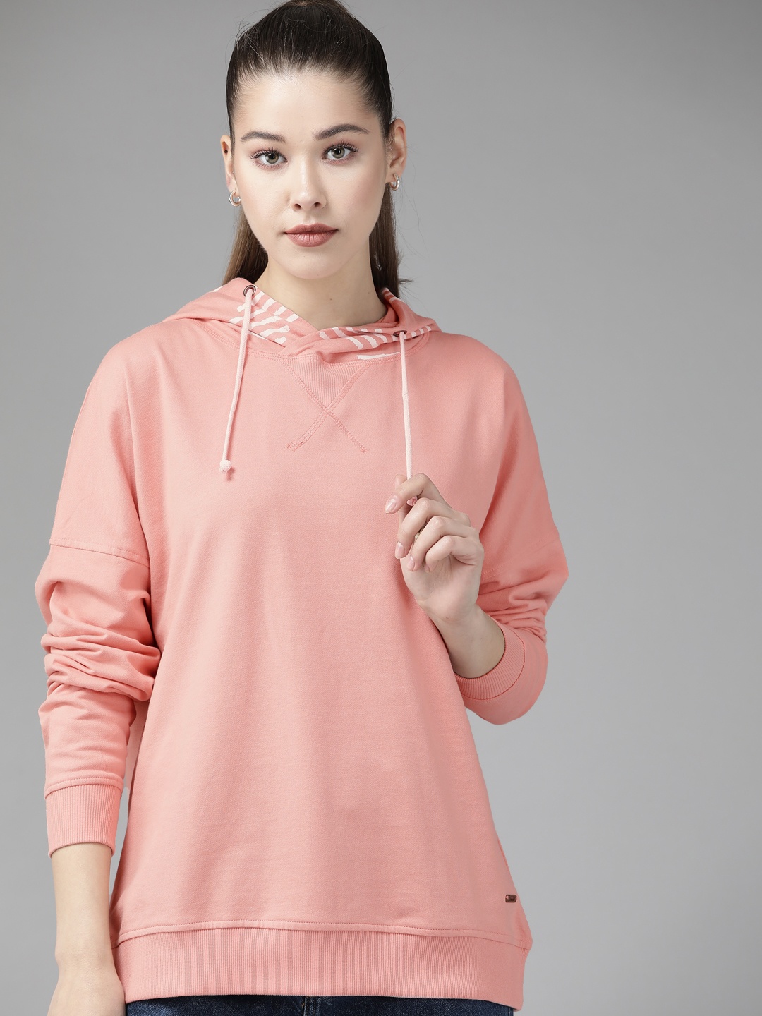 

Roadster Women Peach-Coloured Solid Pure Cotton Hooded Sweatshirt