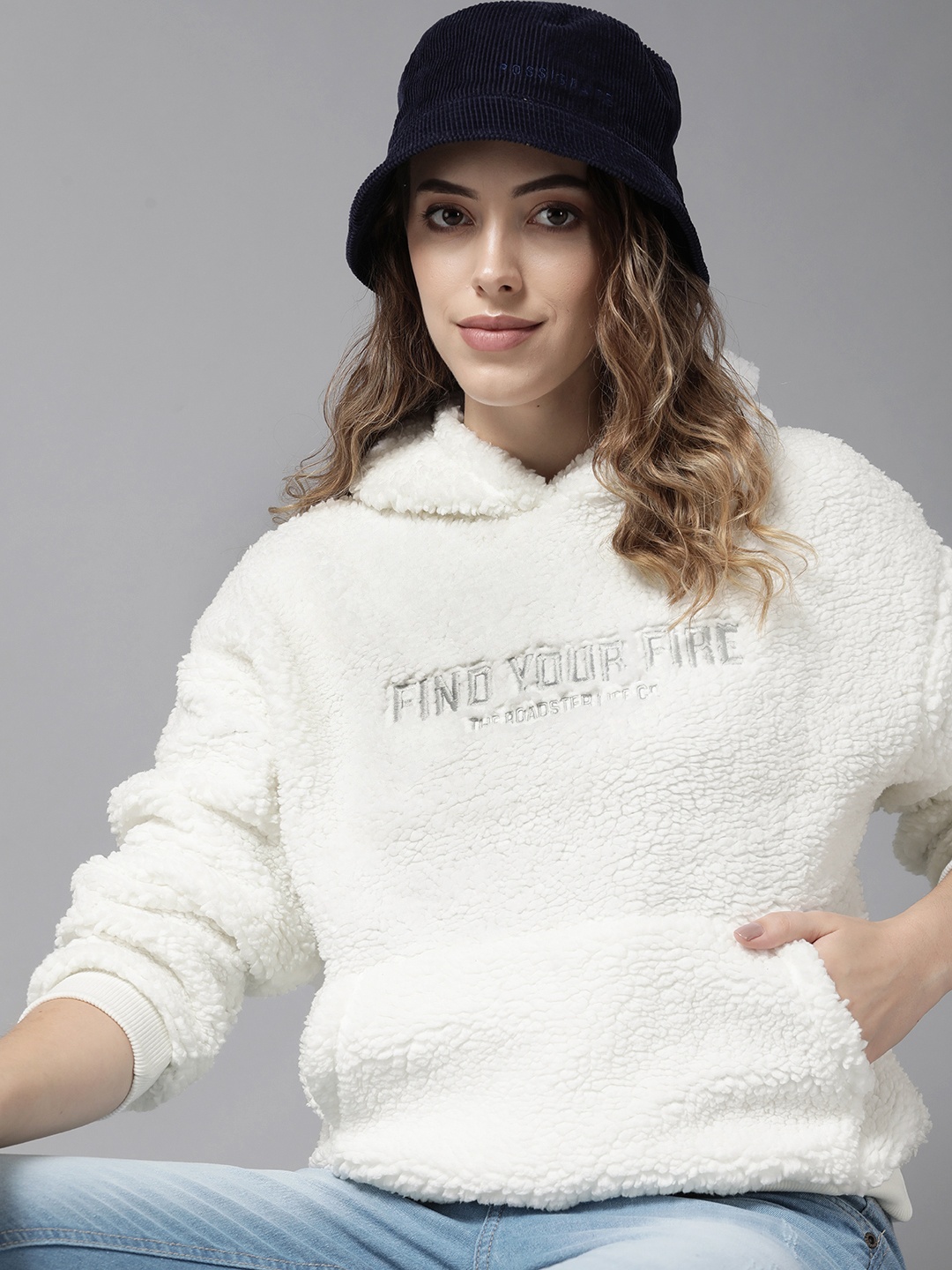 

Roadster Women White Embroidered Fleece Hooded Sweatshirt