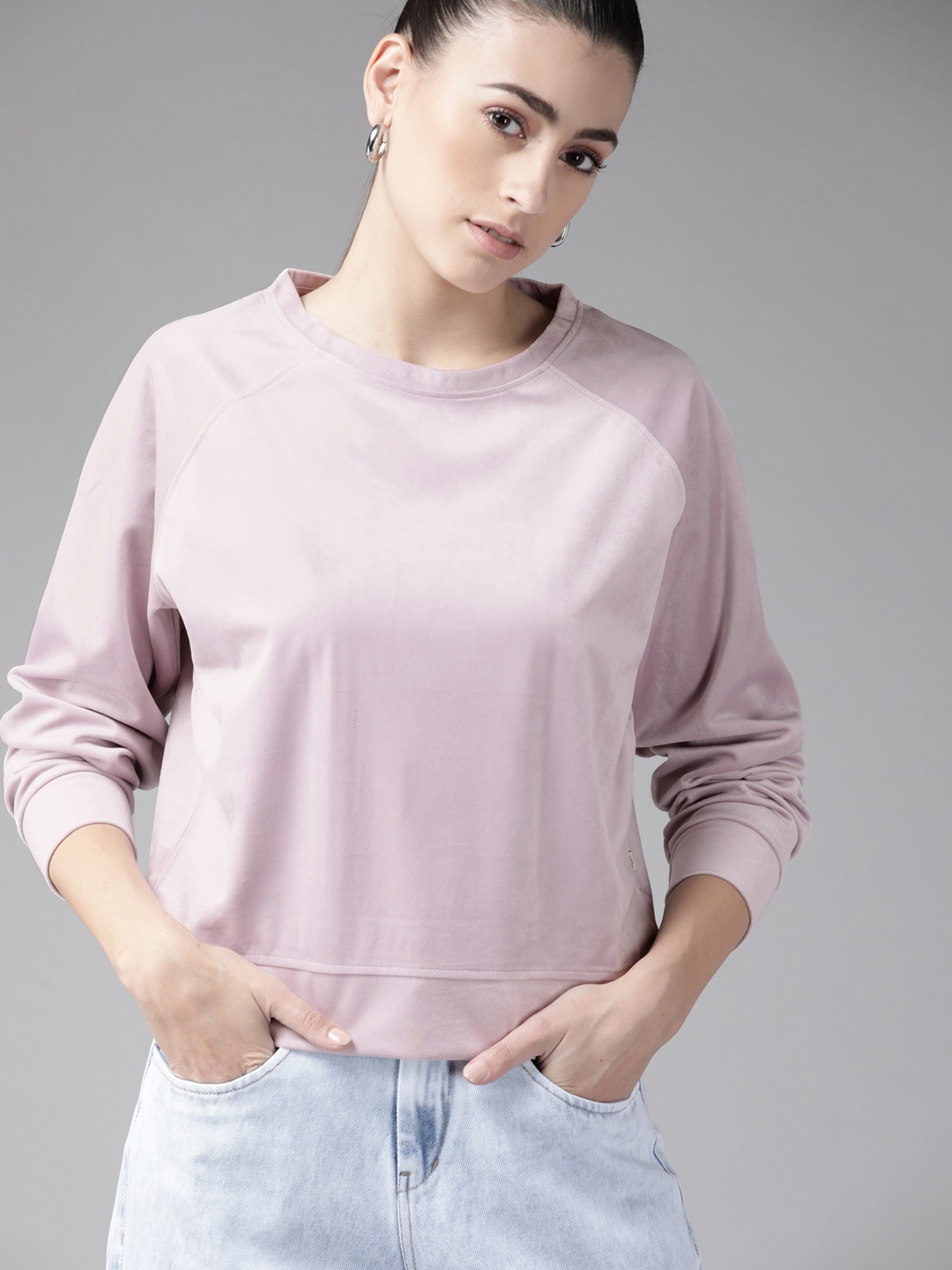 

Roadster Women Lavender Solid Velvet Finish Sweatshirt