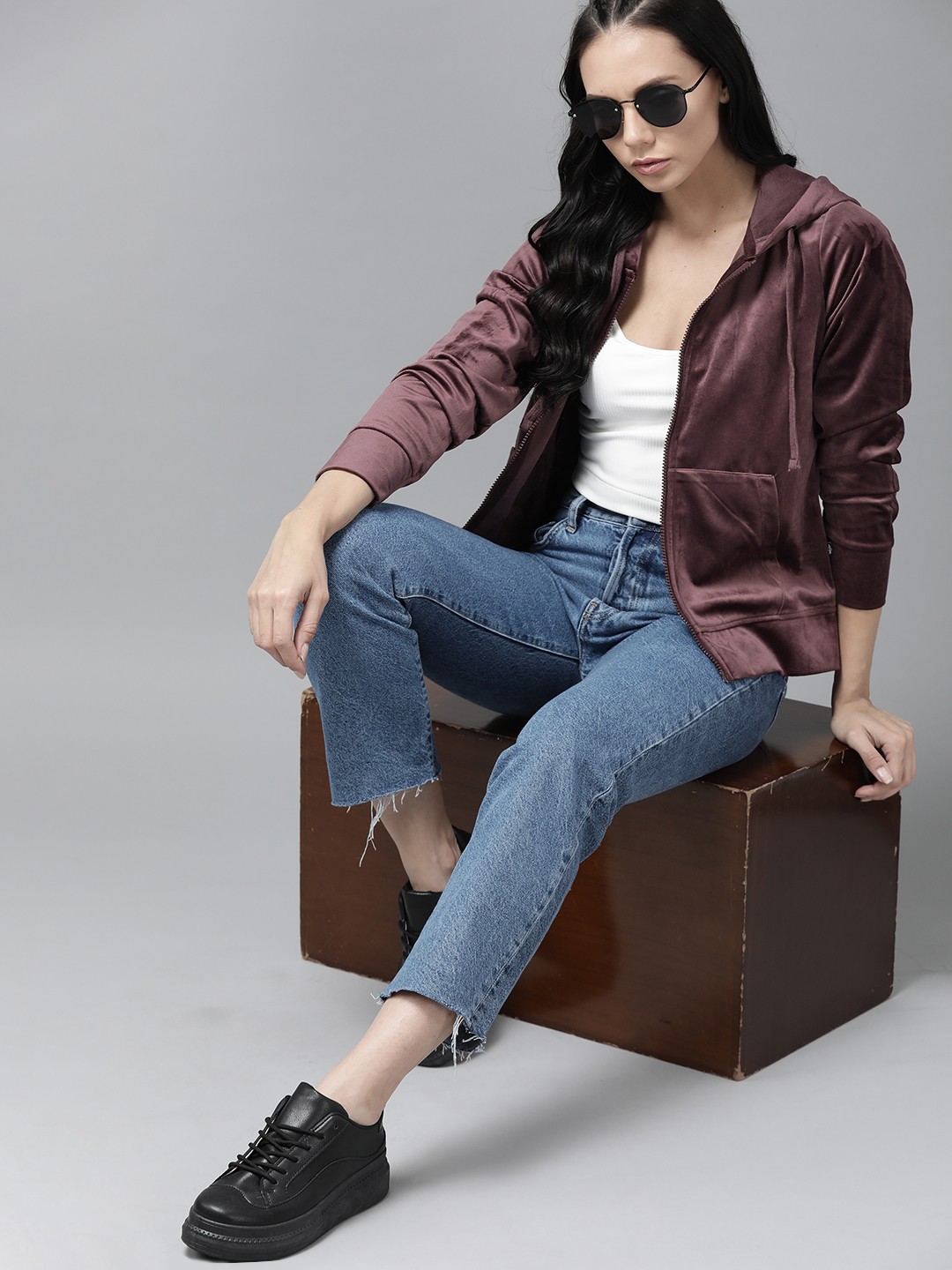 

Roadster Women Burgundy Solid Velour Hooded Sweatshirt