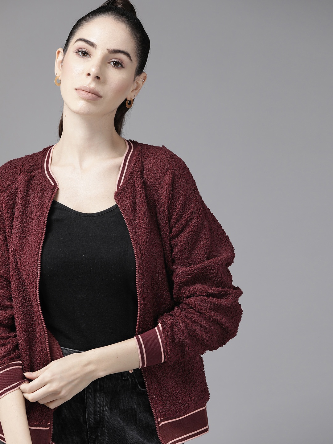 

Roadster Women Maroon Solid Sherpa Sweatshirt