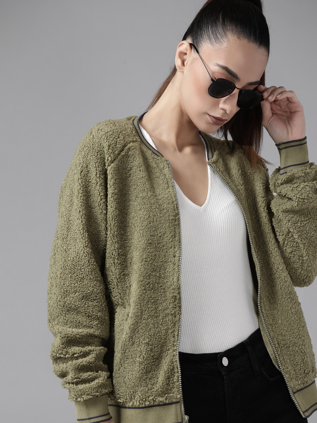 

Roadster Women Olive Green Solid Sherpa Sweatshirt