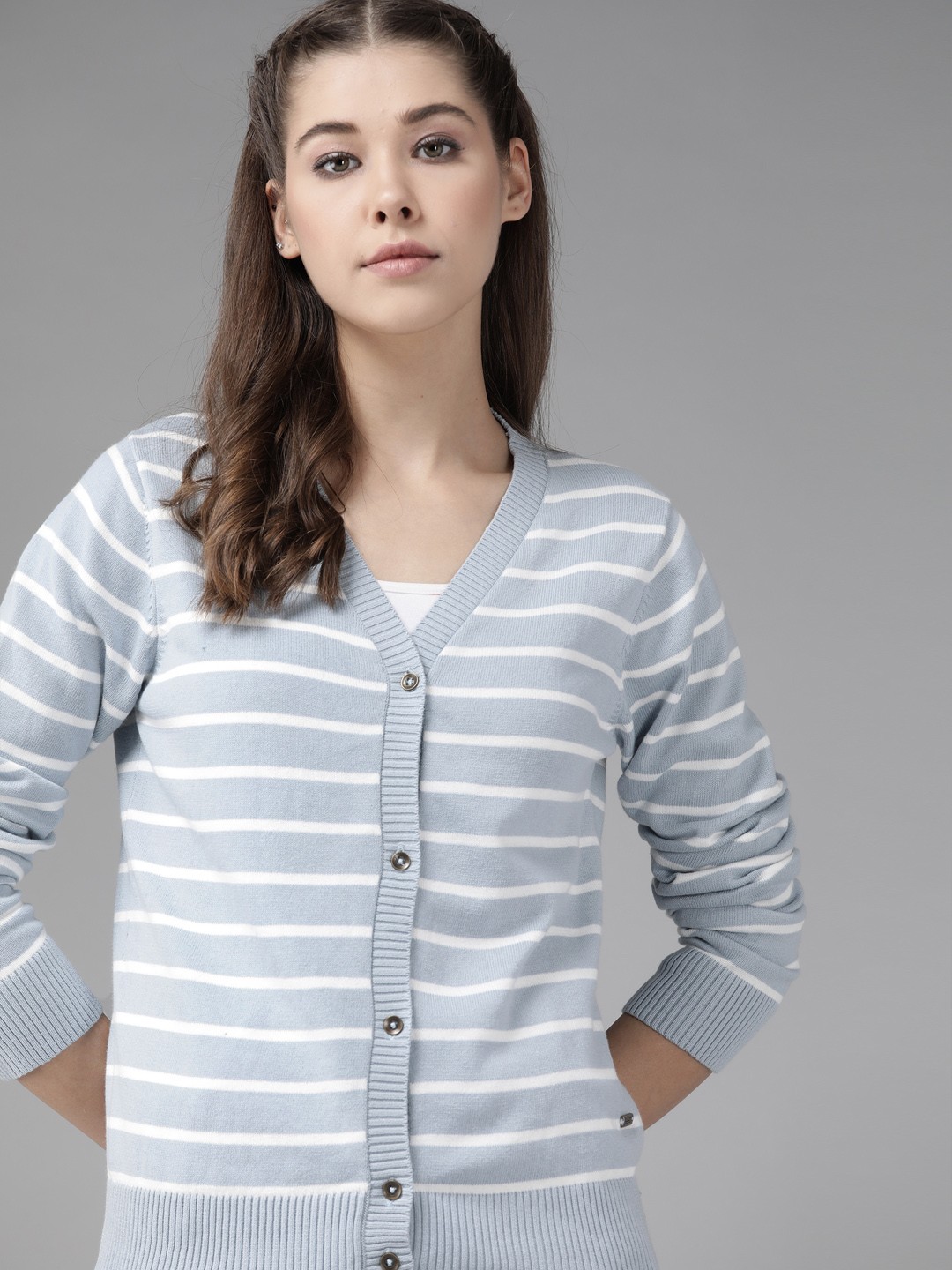 

Roadster Women Blue & White Pure Cotton Striped Cardigan