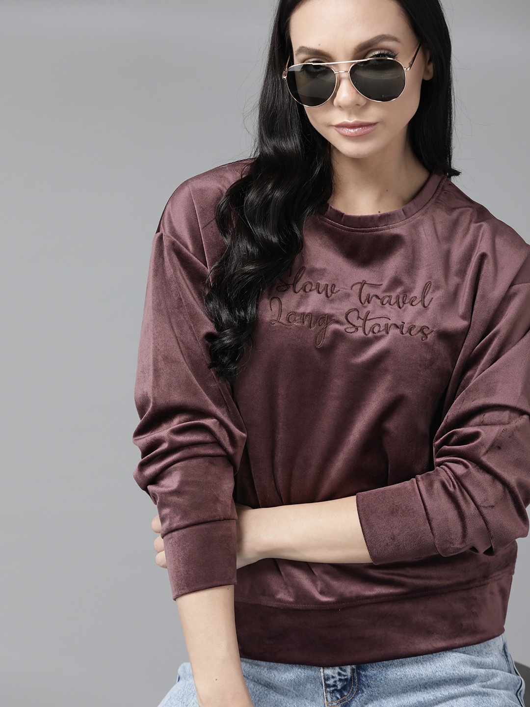 

Roadster Women Burgundy Velour Embroidered Sweatshirt