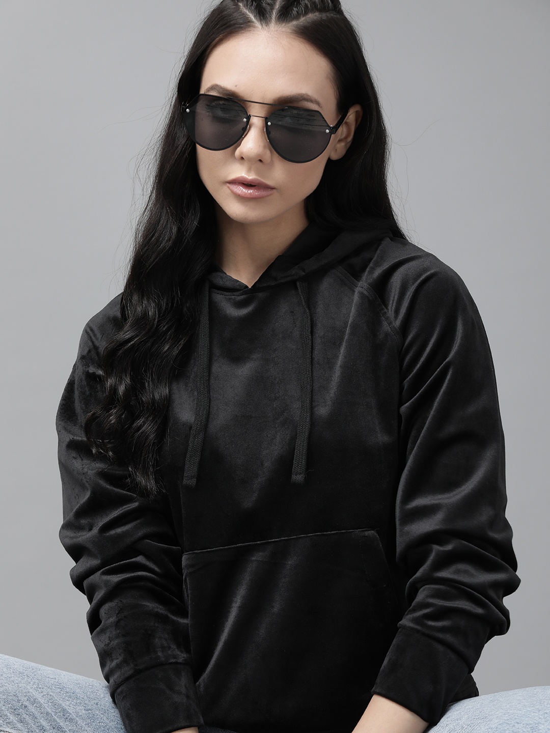 

Roadster Women Black Velour Solid Hooded Sweatshirt