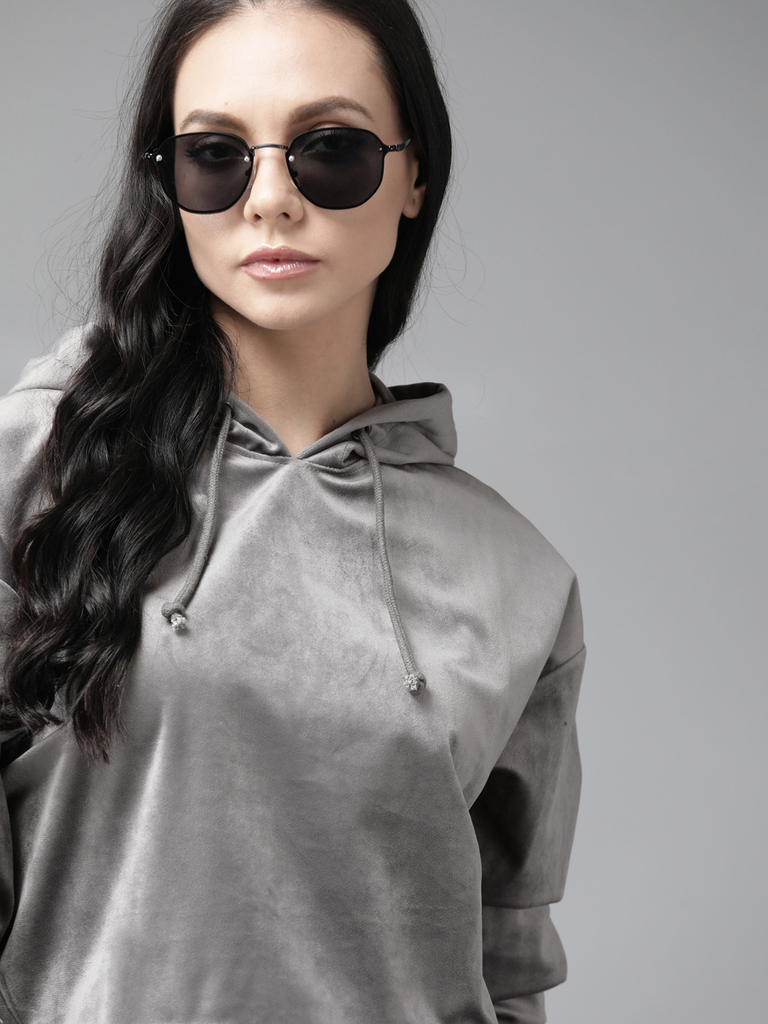 

Roadster Women Grey Solid Velour Hooded Sweatshirt