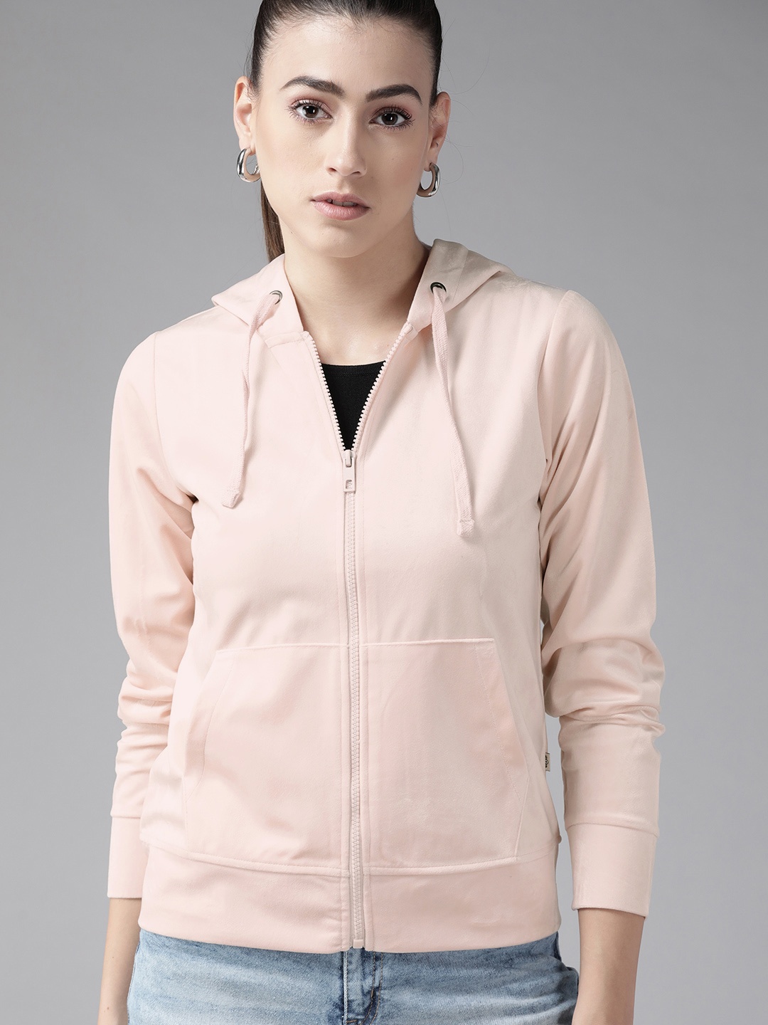 

Roadster Women Pink Solid Hooded Sweatshirt With Velvet Finish