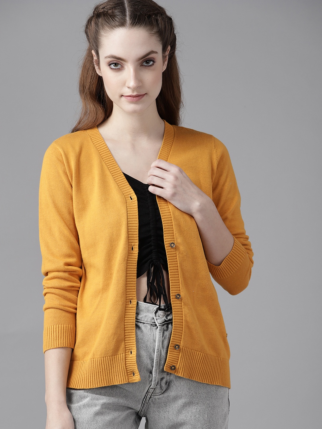 Roadster Women Mustard Solid Pure Cotton Cardigan
