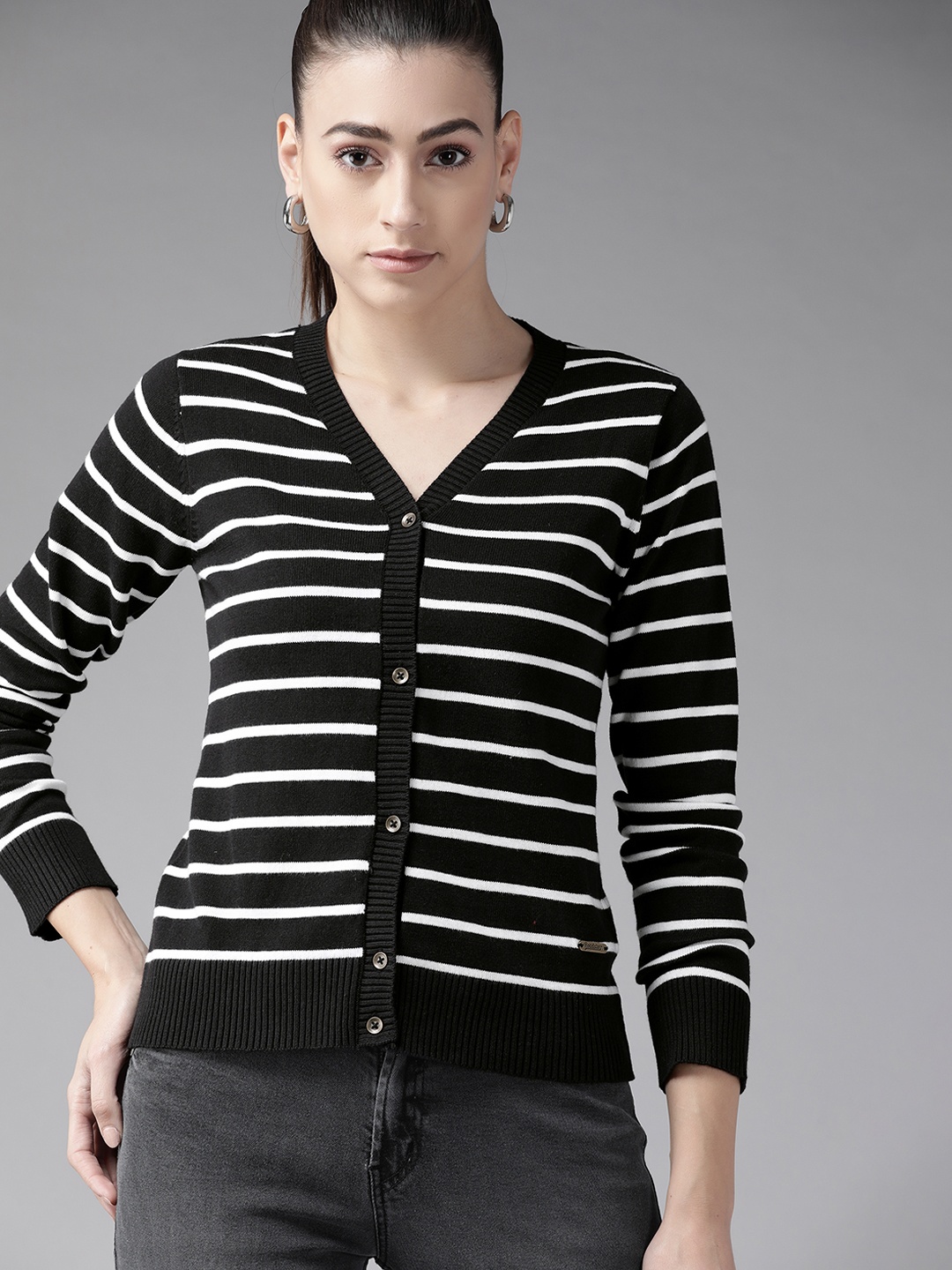 

Roadster Women Black & White Pure Cotton Striped Cardigan