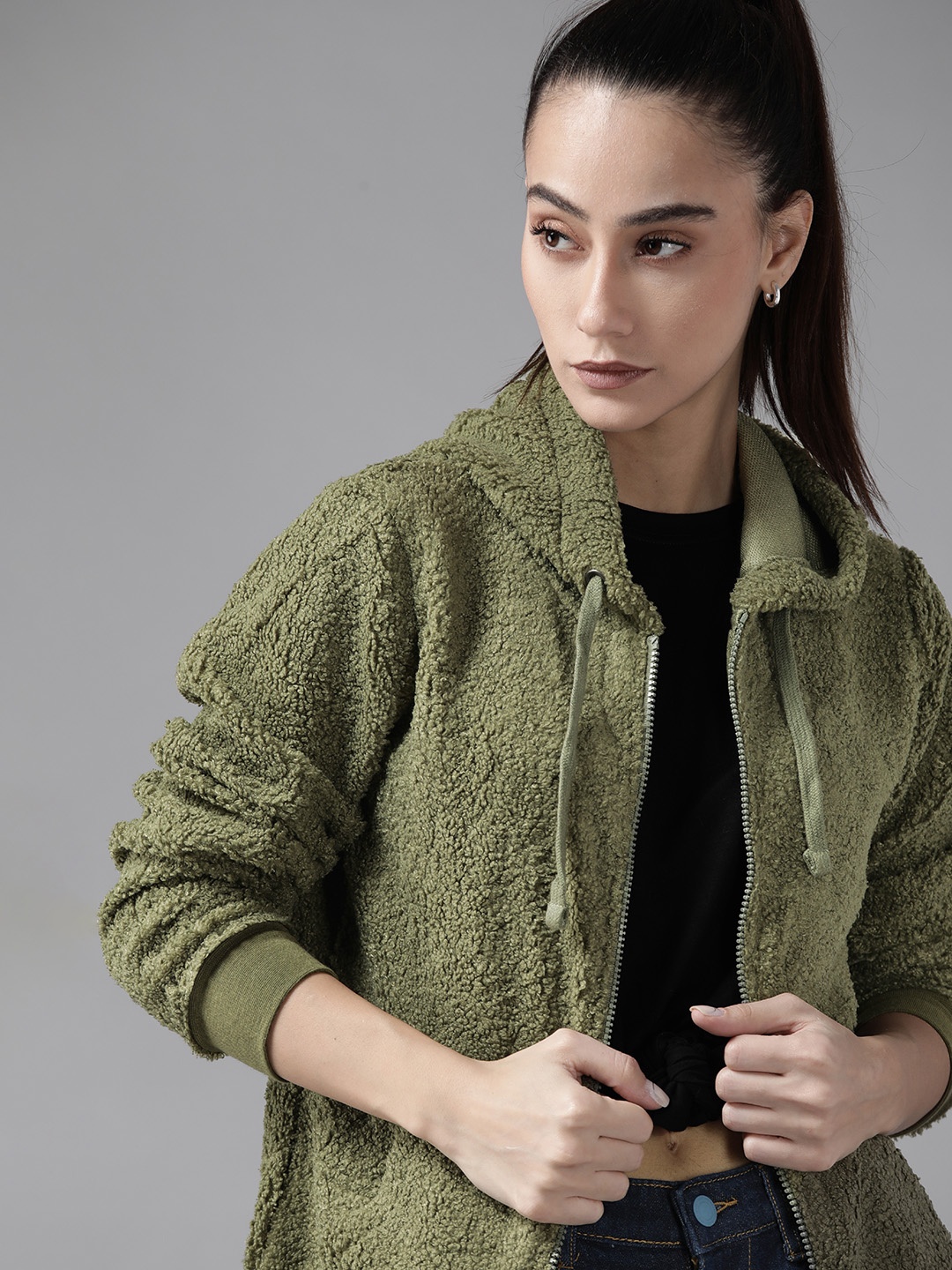 

Roadster Women Olive Green Hooded Sherpa Sweatshirt