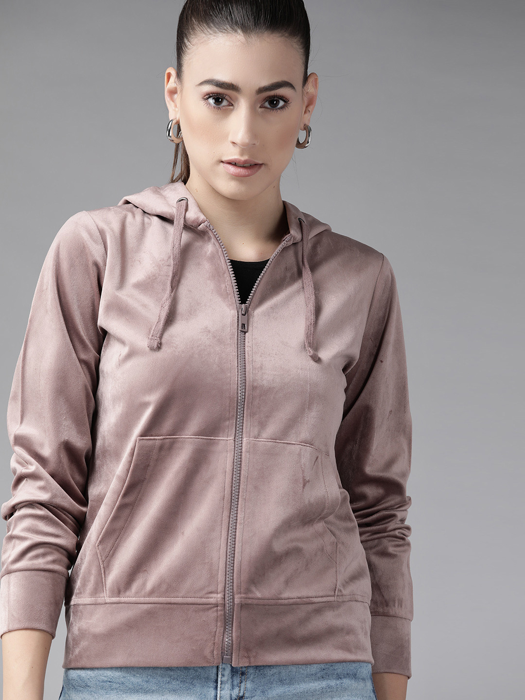 

Roadster Women Taupe Solid Velour Hooded Sweatshirt