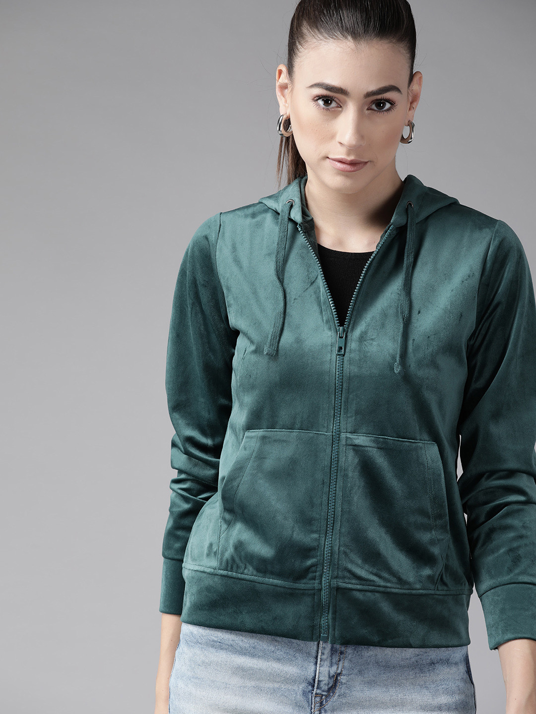 

Roadster Women Green Solid Velour Hooded Sweatshirt