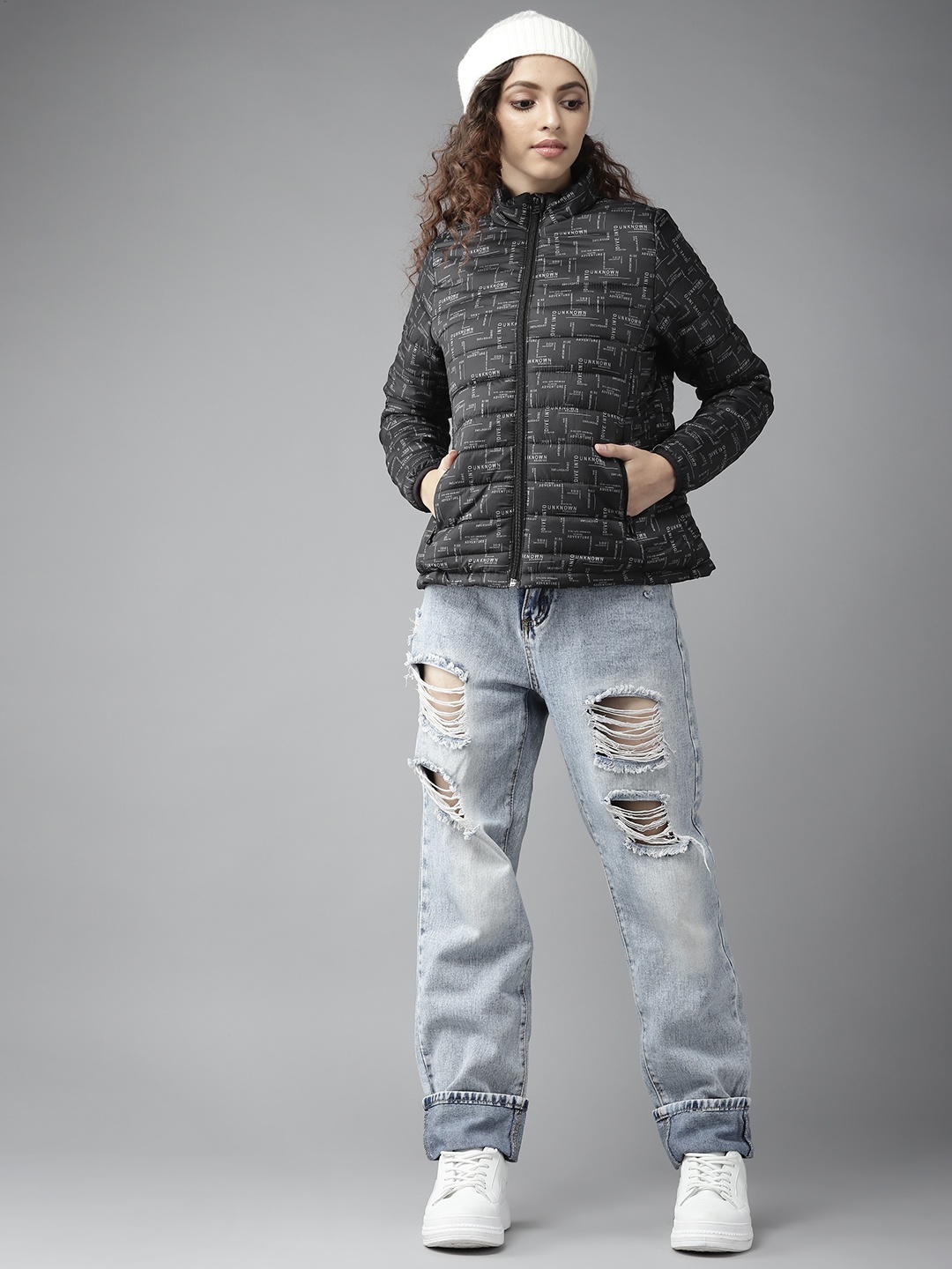

UTH by Roadster Girls Black & Grey Typography Print Padded Jacket