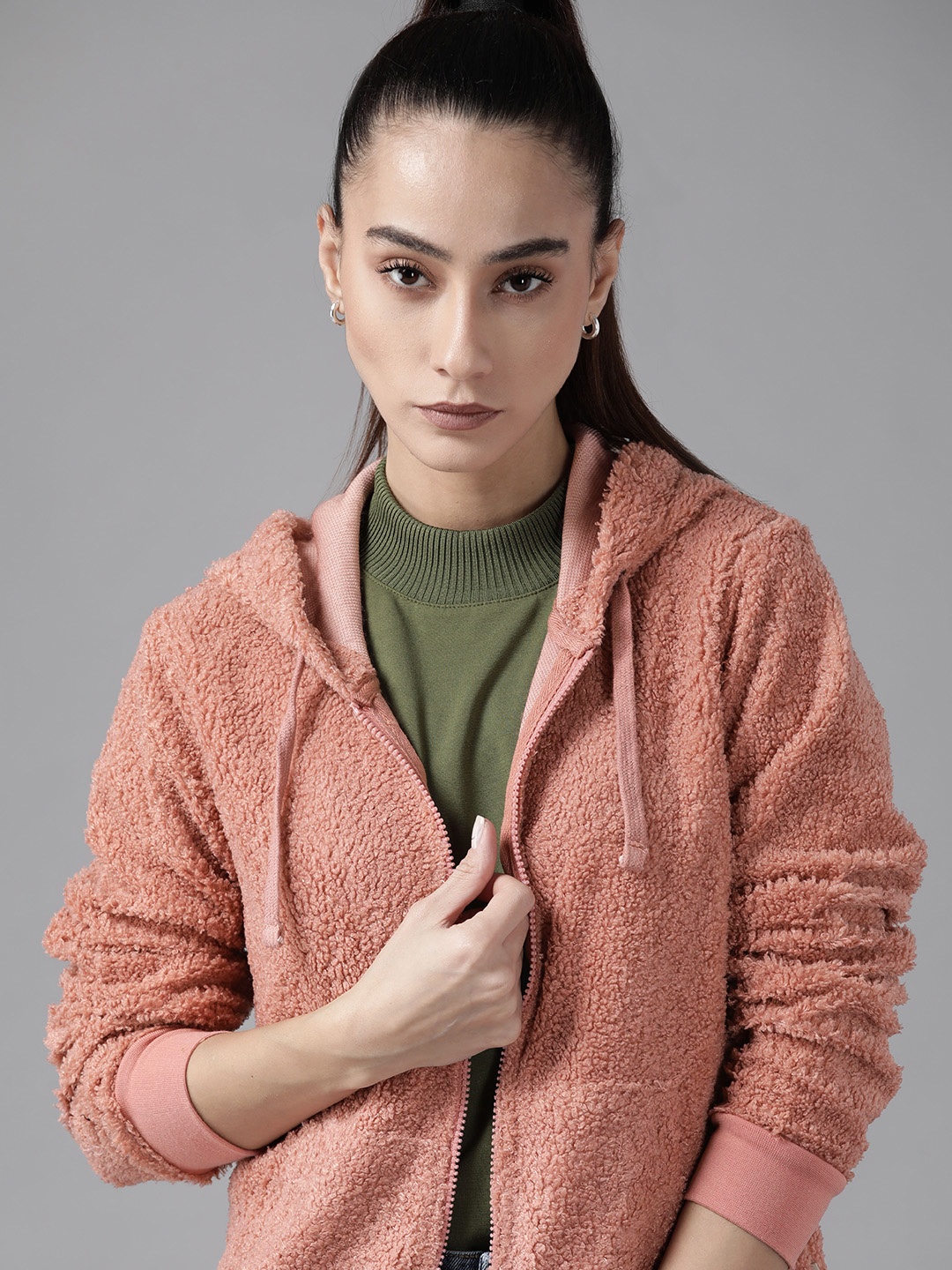 

Roadster Women Pink Solid Sherpa Hooded Sweatshirt