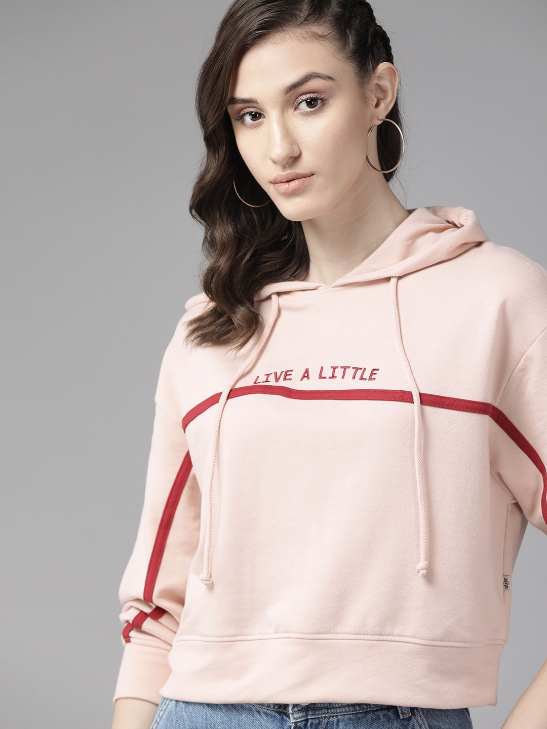 

The Roadster Lifestyle Co. Women Pink Embroidered Hooded Sweatshirt