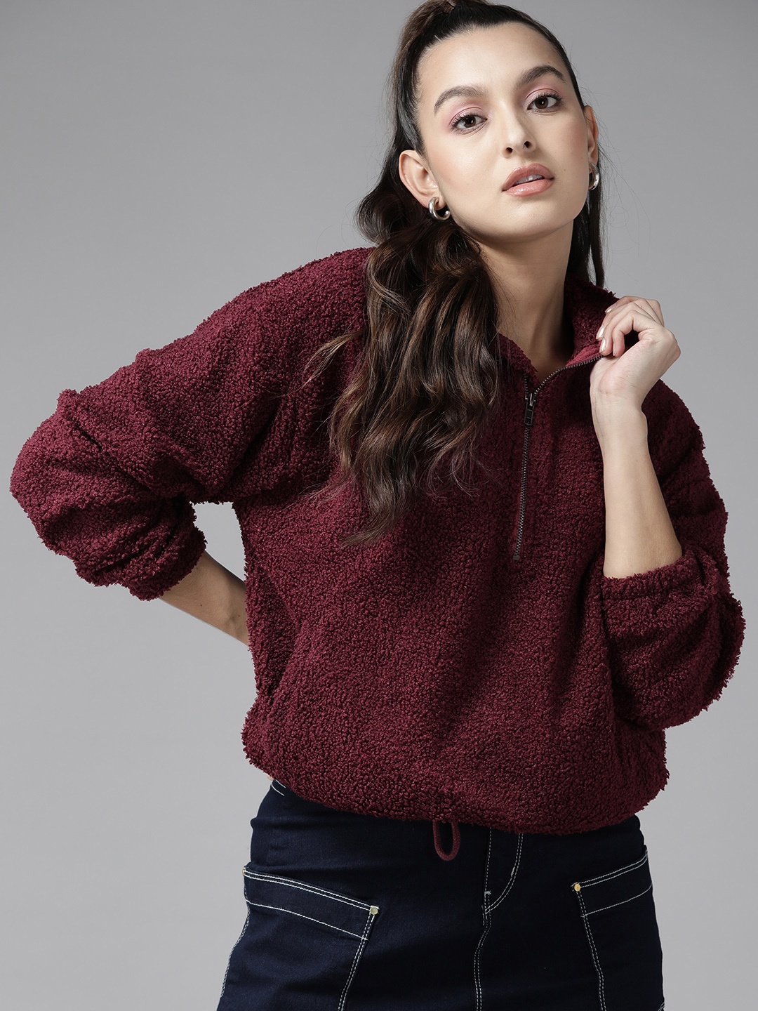 

Roadster Women Sherpa Sweatshirt, Burgundy