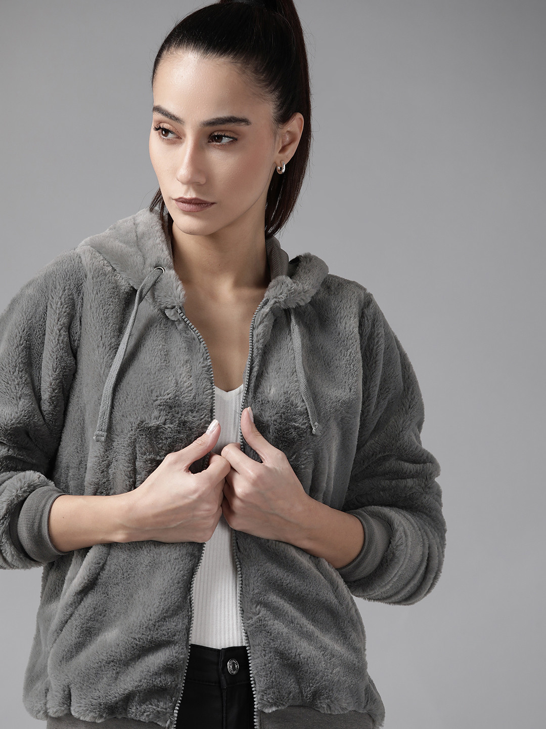 

Roadster Women Grey Faux Fur Hooded Sweatshirt
