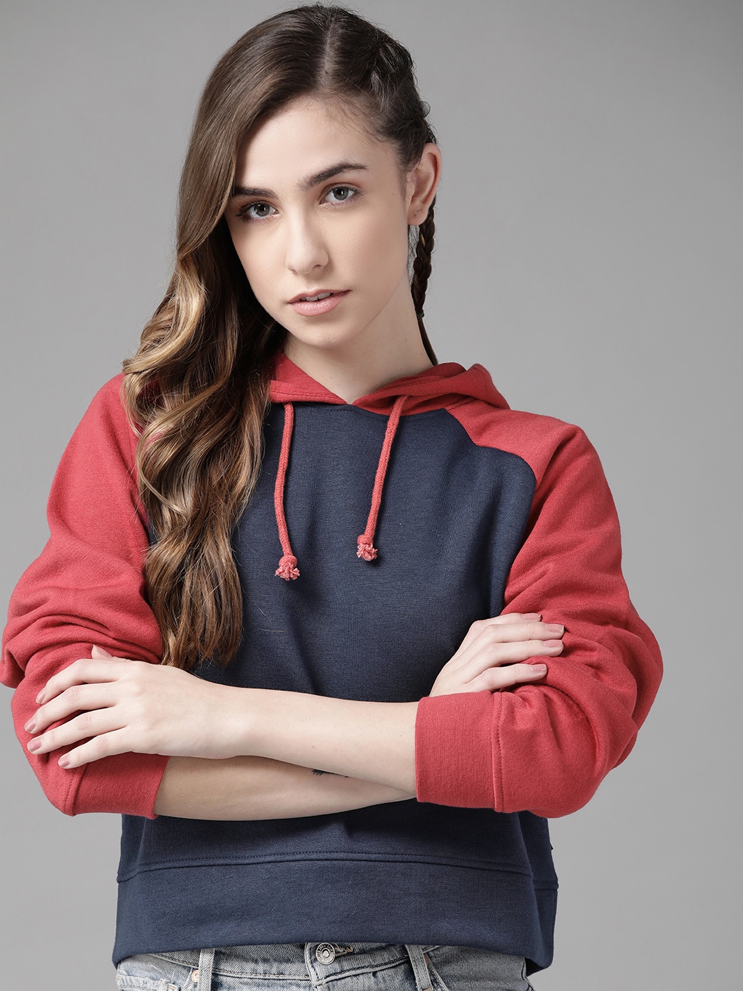 

Roadster Women Navy Blue & Maroon Colourblocked Hooded Sweatshirt