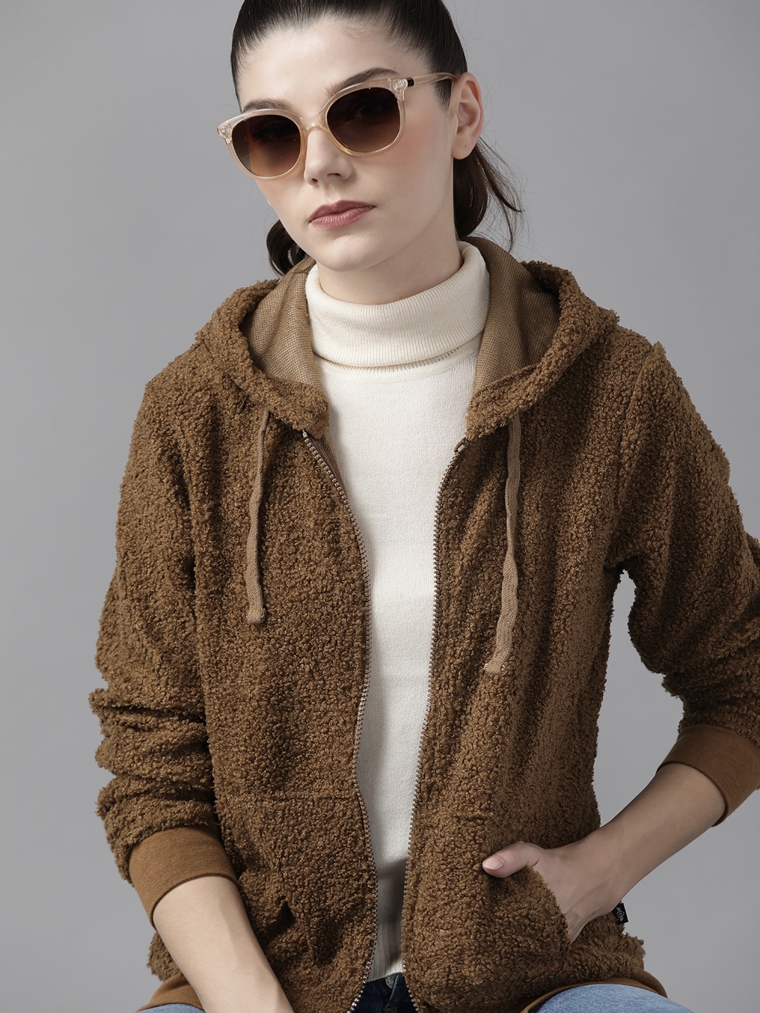 

Roadster Women Olive Brown Sherpa Hooded Sweatshirt