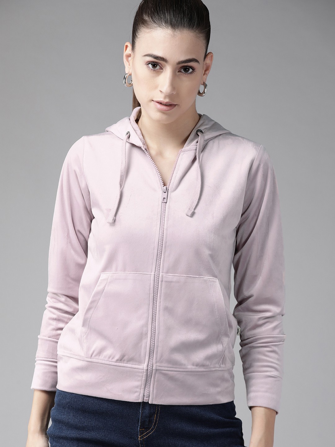 

Roadster Women Lavender Solid Hooded Sweatshirt With Velvet Finish