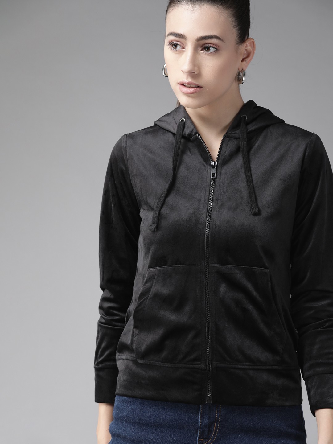 

Roadster Women Black Solid Velour Hooded Sweatshirt