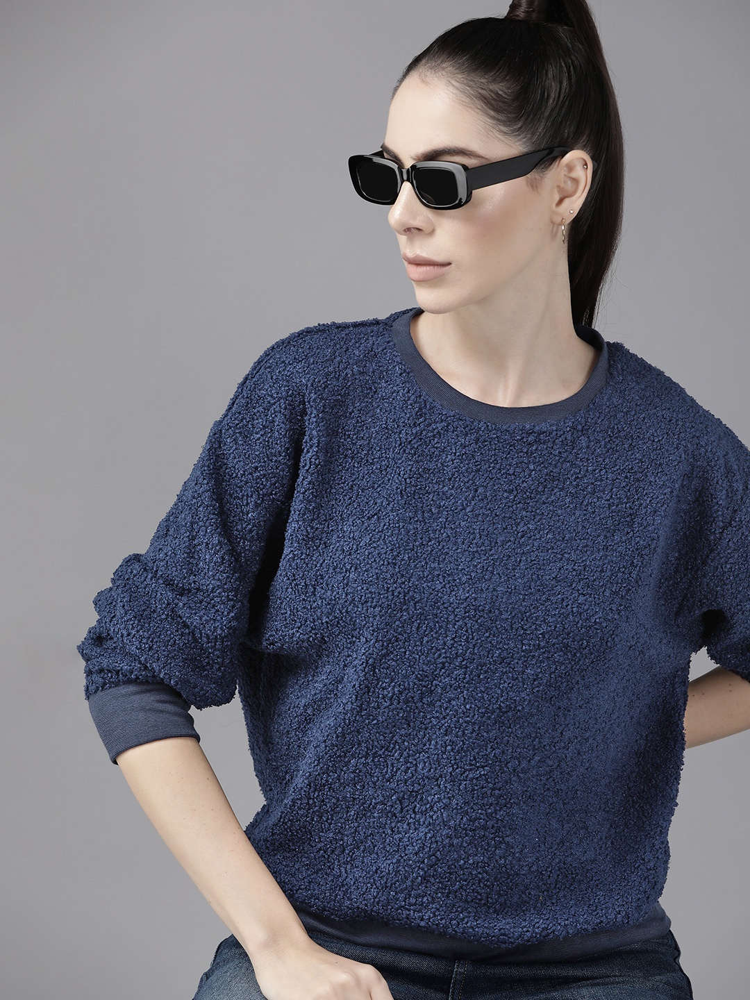 

Roadster Women Navy Blue Solid Sherpa Sweatshirt