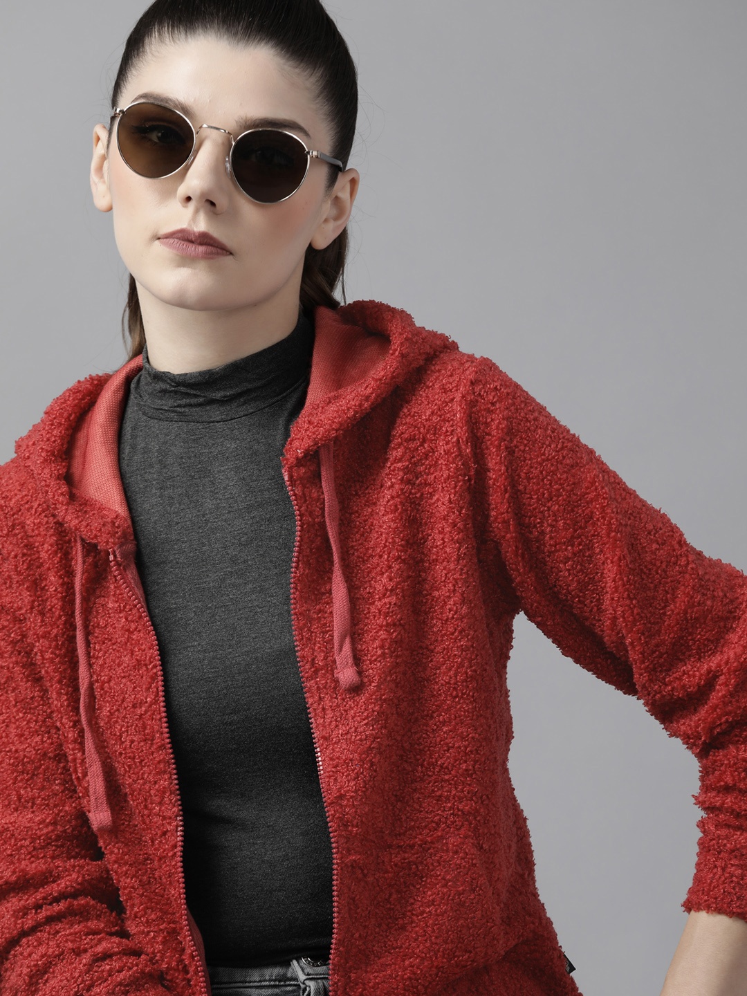 

Roadster Women Red Sherpa Hooded Sweatshirt