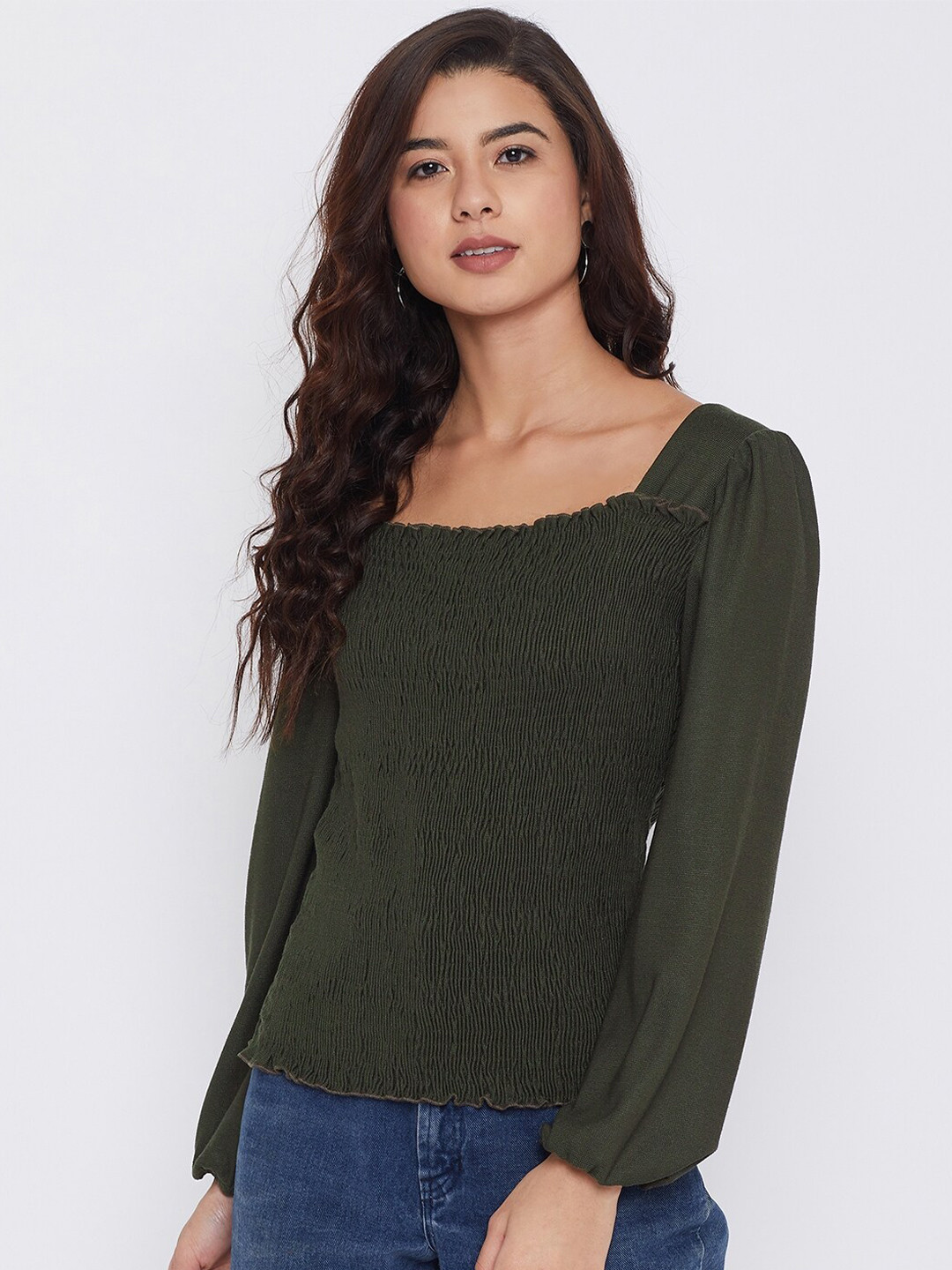 

Madame Olive Green Smocked Regular Top