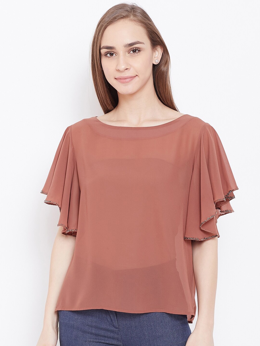 

Madame Brown Crepe Regular Top With Embellished Flared Sleeves