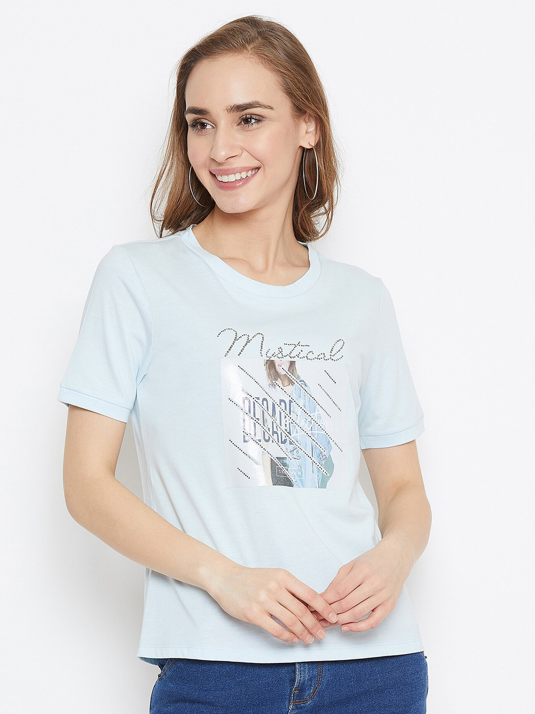 

Madame Blue & White Graphic Printed & Embellished Regular Top