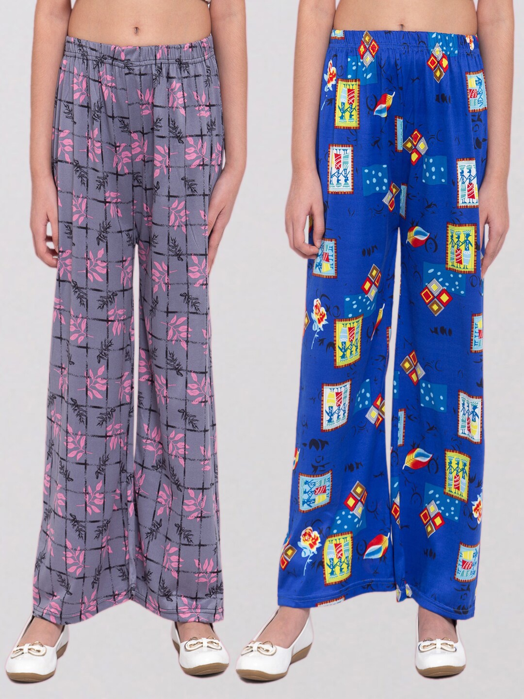 

KLOTTHE Girls Blue & Grey Pack Of 2 Floral Printed Palazzos