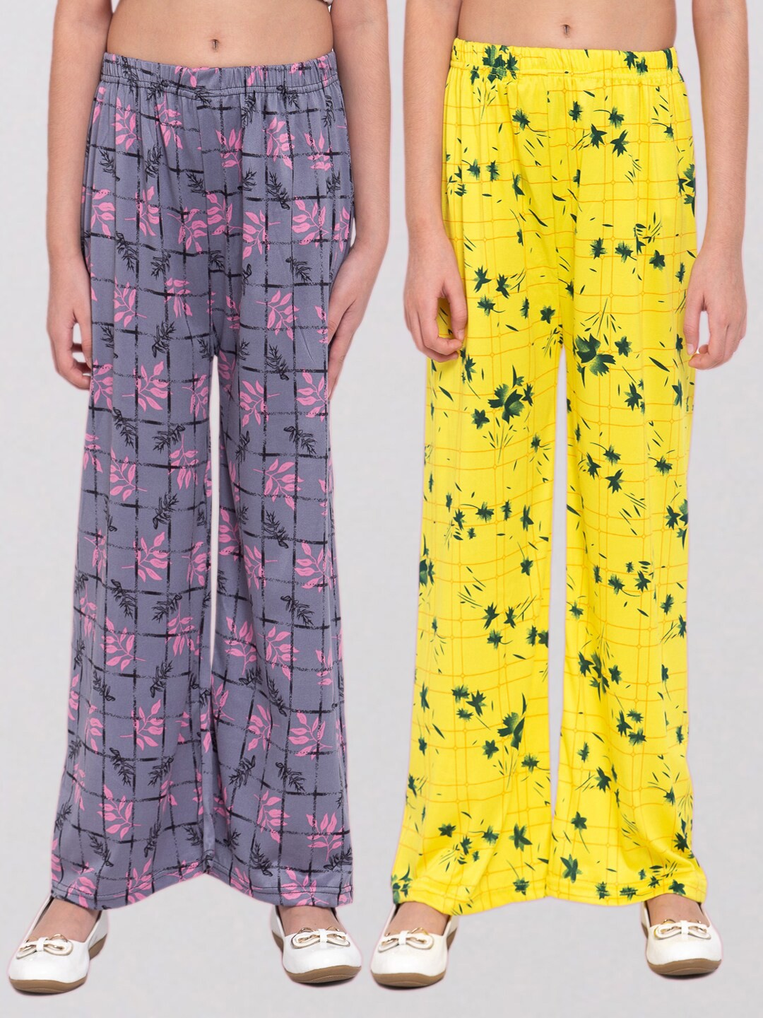 

KLOTTHE Girls Yellow & Grey Pack Of 2 Floral Printed Palazzos