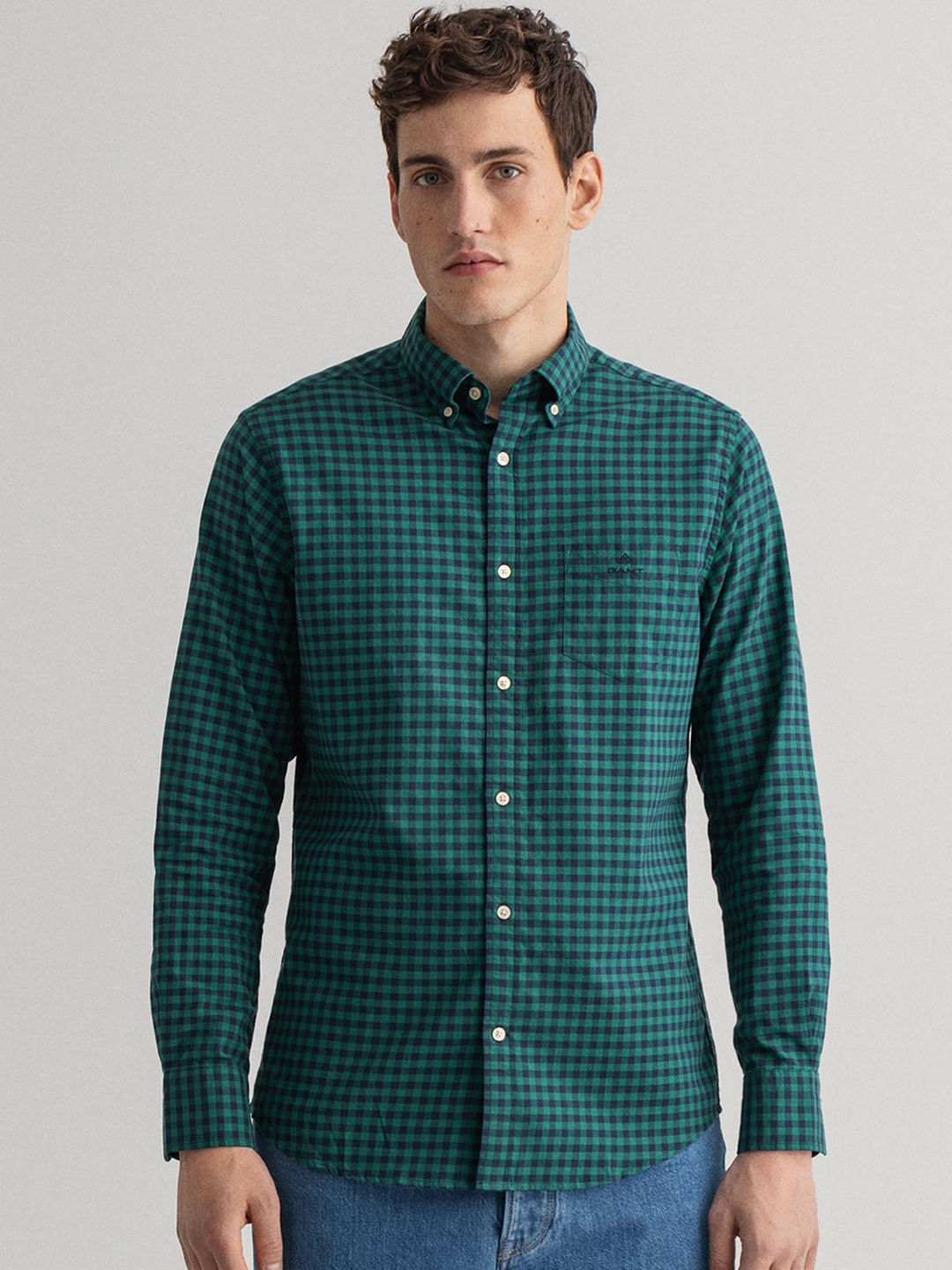 

GANT Men Green & Navy Blue Gingham Checks Opaque Checked Cotton Casual Shirt