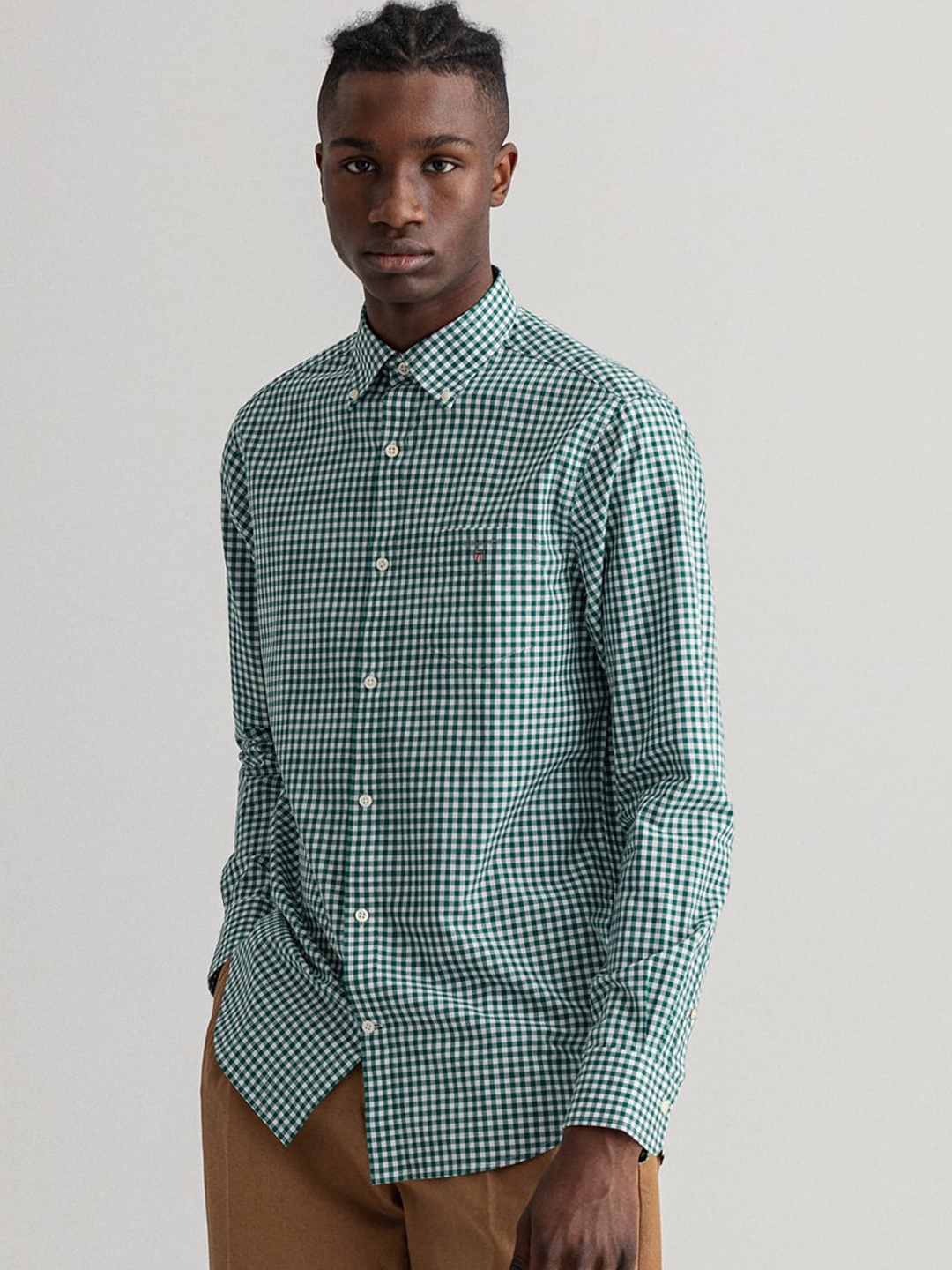 

GANT Men Green & White Gingham Checks Opaque Checked Cotton Casual Shirt