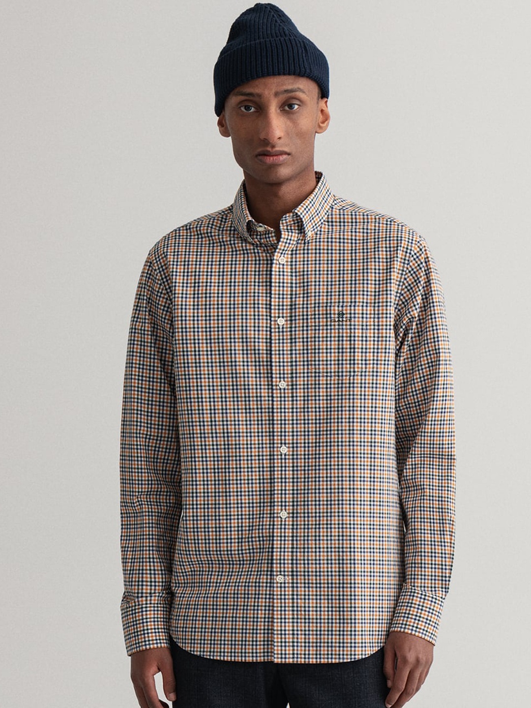 

GANT Men Yellow & Navy Blue Gingham Checks Opaque Checked Cotton Casual Shirt