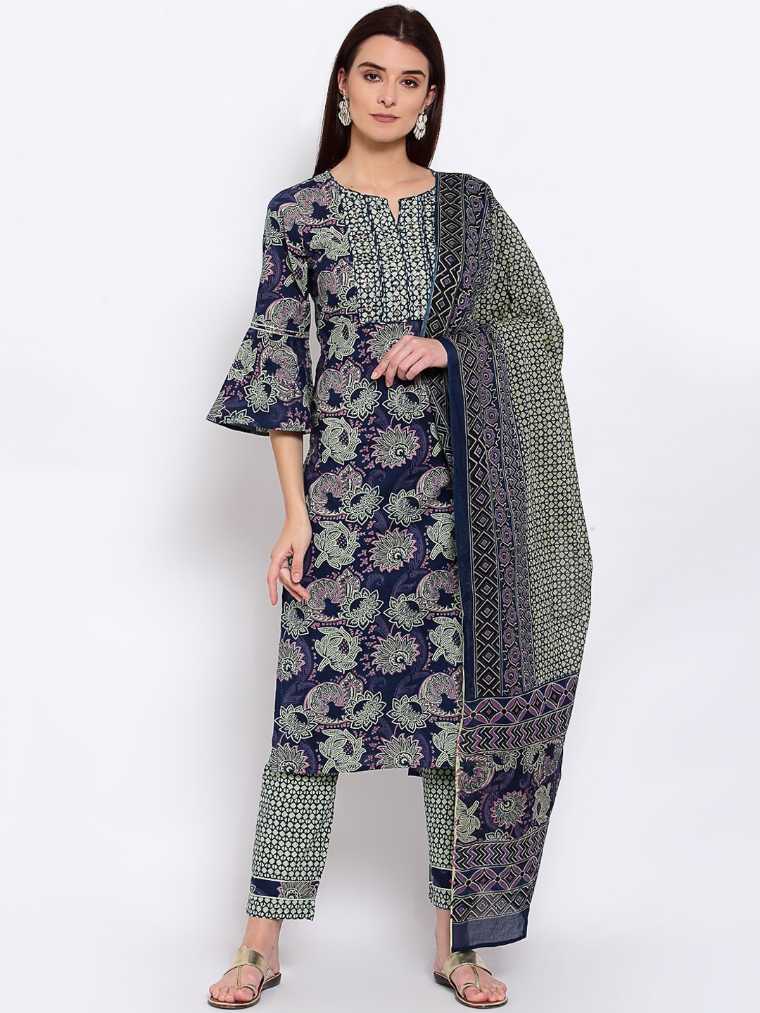 

Yuris Women Navy Blue Printed Regular Pure Cotton Kurta with Trousers & With Dupatta