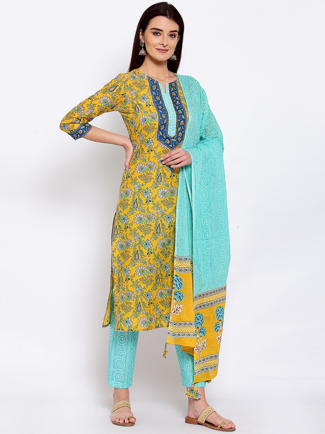 

Yuris Women Yellow Ethnic Motifs Printed Regular Pure Cotton Kurta with Trousers & With Dupatta