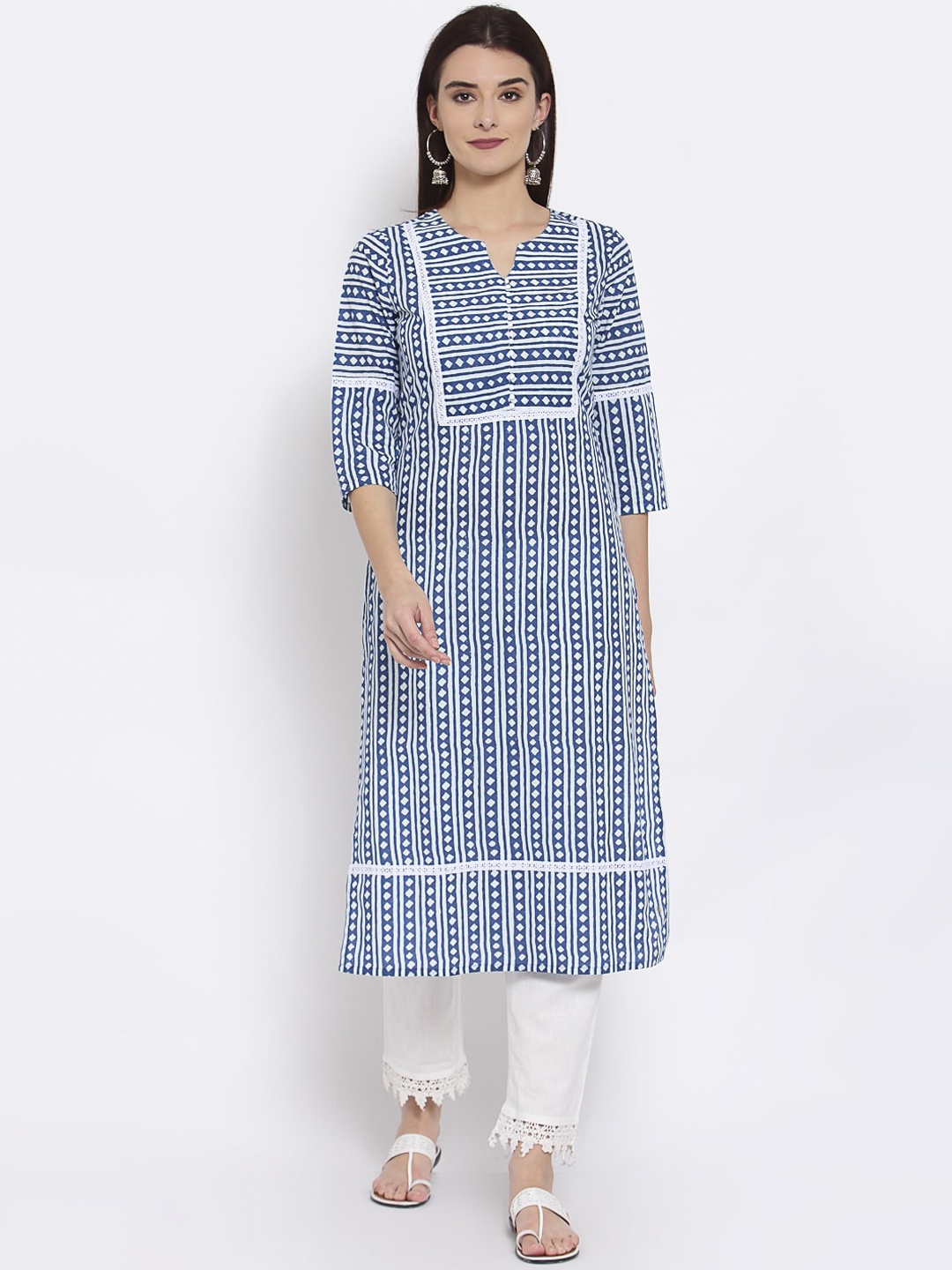

Yuris Women Teal & White Geometric Printed Kurta