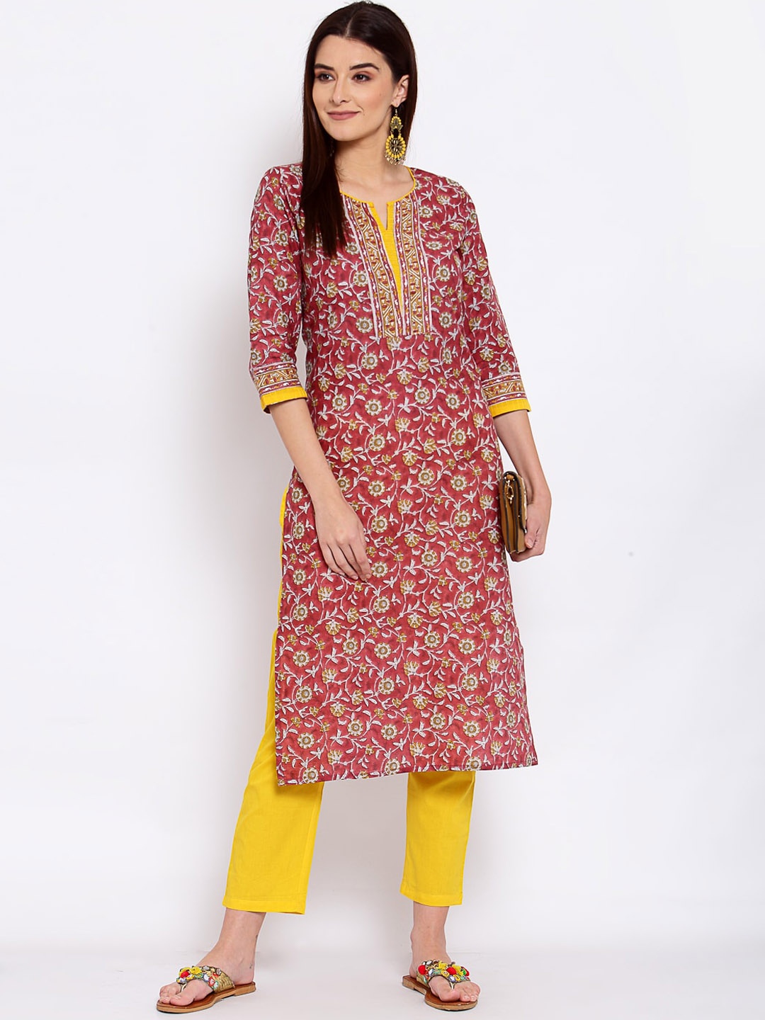 

Yuris Women Coral & Yellow Floral Printed Kurta