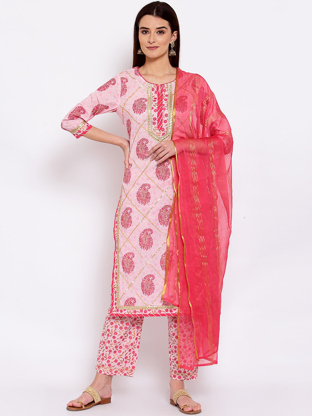 

Yuris Women Pink Ethnic Motifs Printed Pure Cotton Kurta with Trousers & With Dupatta