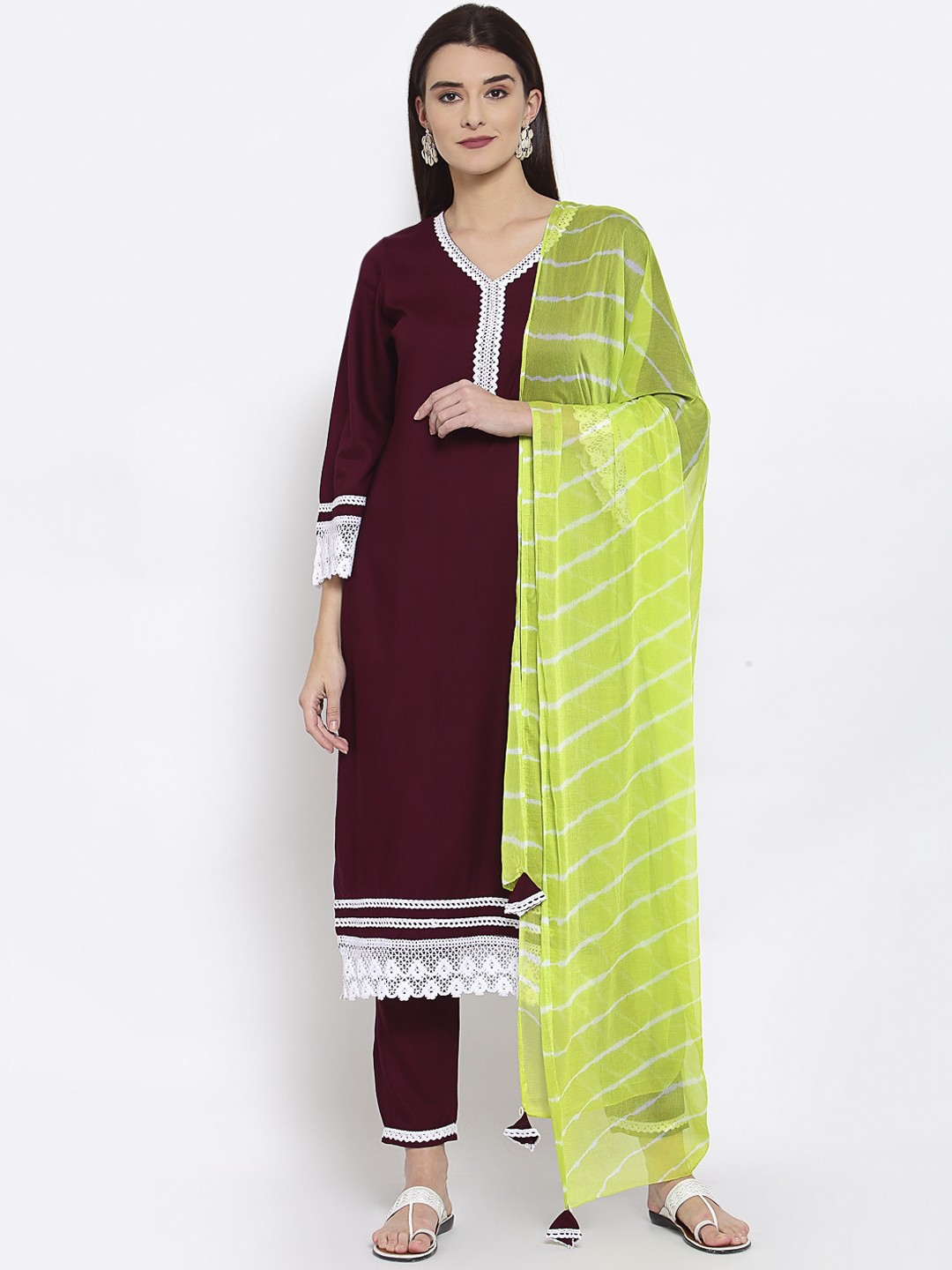 

Yuris Women Burgundy Regular Pure Cotton Kurta with Trousers & With Dupatta