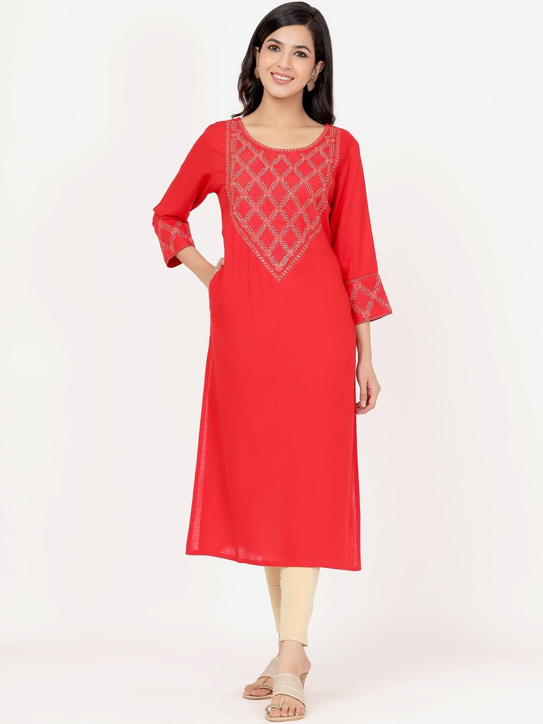 

PK Fashions Women Red Ethnic Motifs Yoke Design Thread Work Kurta