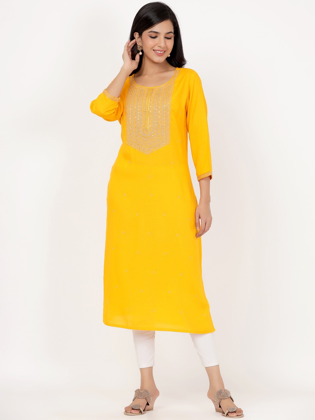 

PK Fashions Women Yellow Ethnic Motifs Yoke Design Thread Work Kurta
