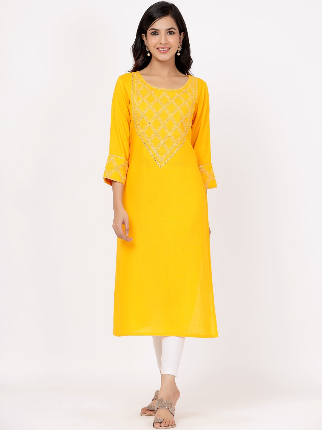 

PK Fashions Women Yellow Ethnic Motifs Yoke Design Thread Work Kurta