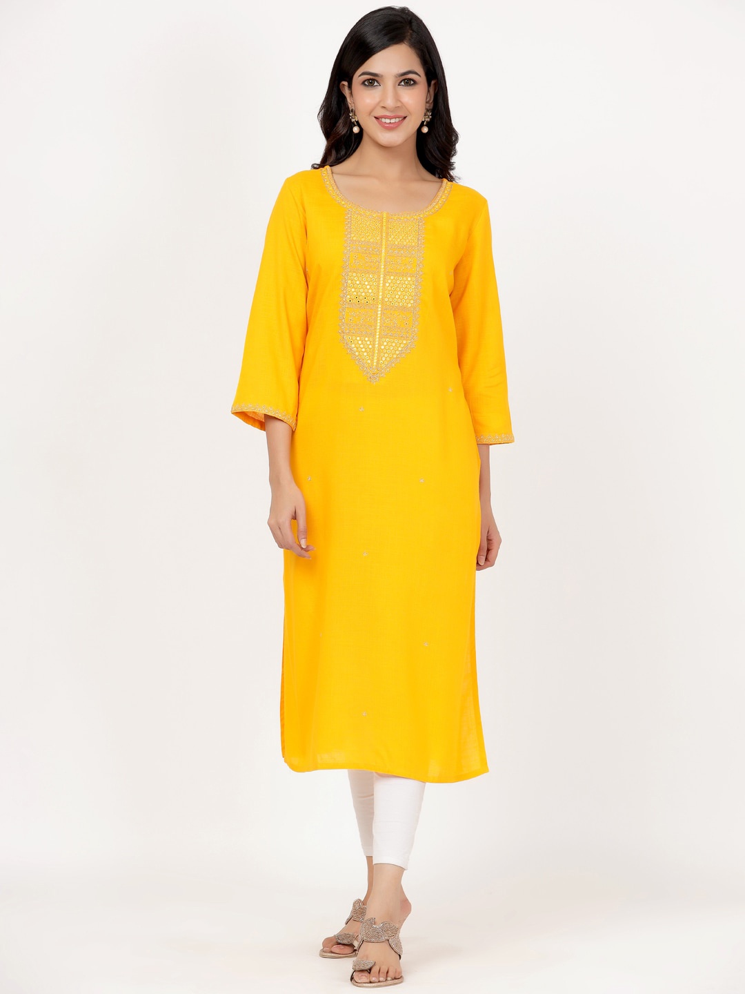 

PK Fashions Women Yellow Ethnic Motifs Yoke Design Thread Work Kurta